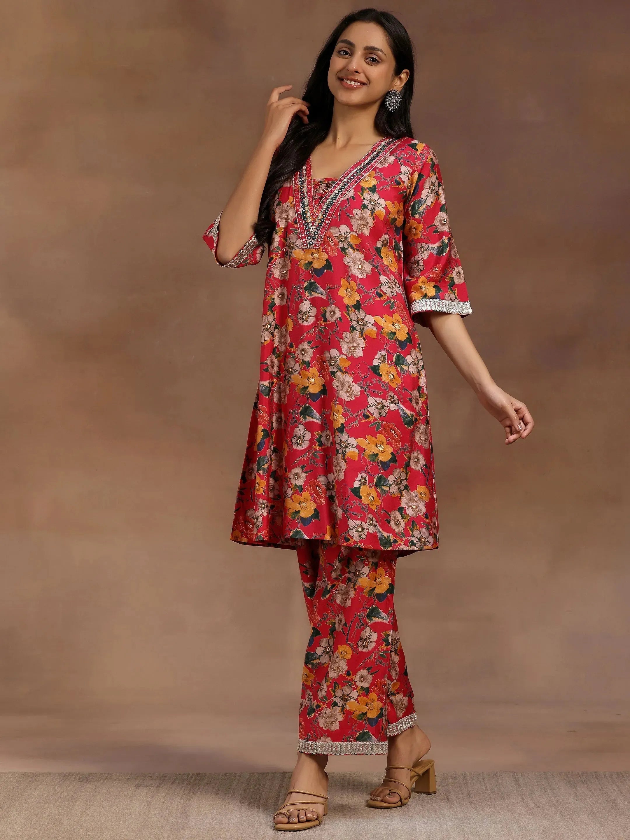 Pink Printed Silk Blend Co-Ords