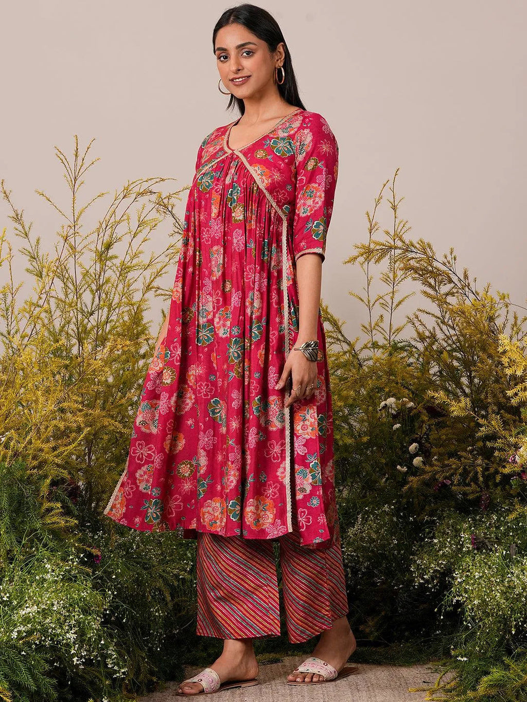 Pink Printed Silk Blend A-Line Kurta With Palazzos & Dupatta