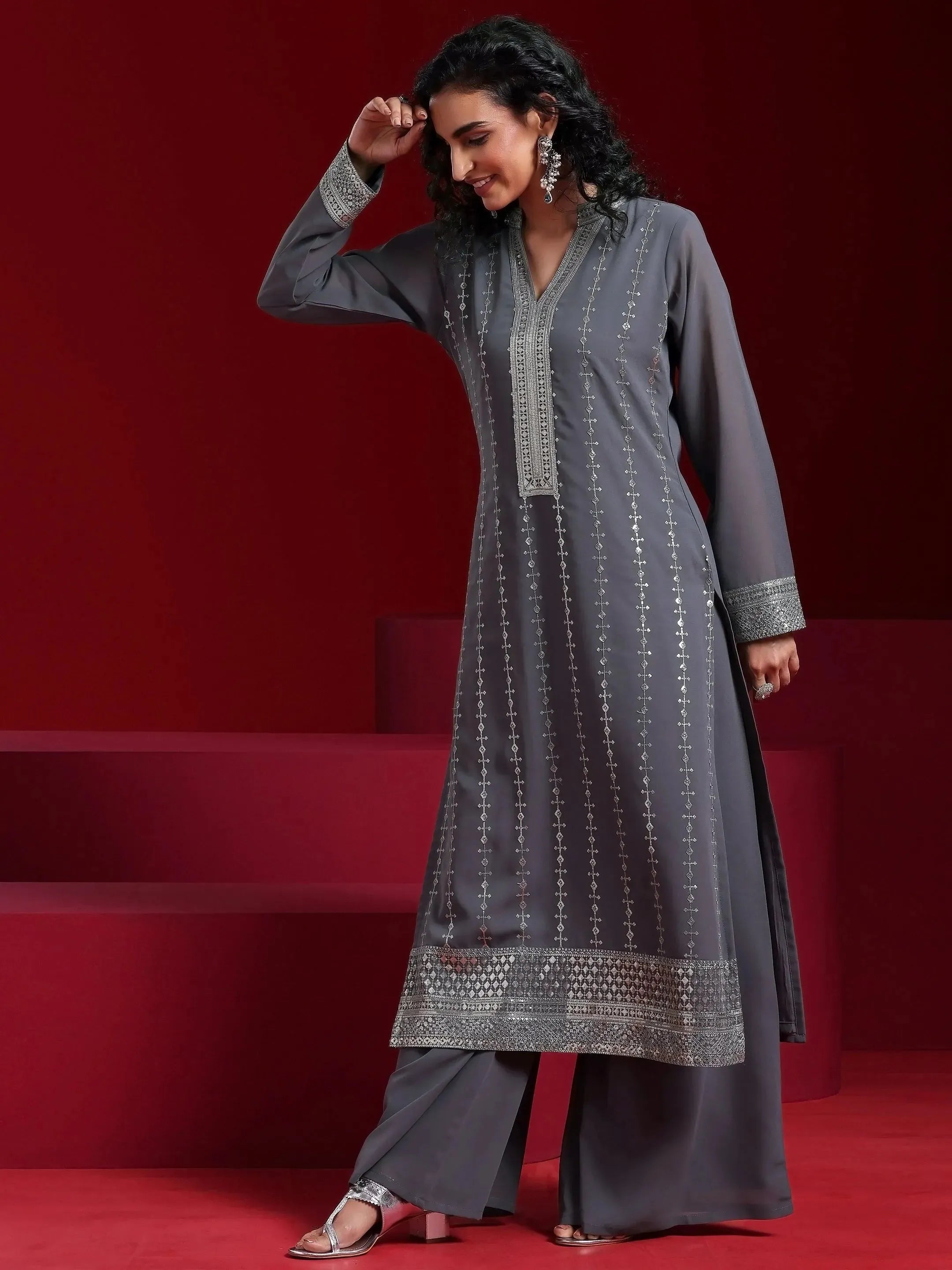 Grey Embroidered Georgette Straight Suit With Dupatta