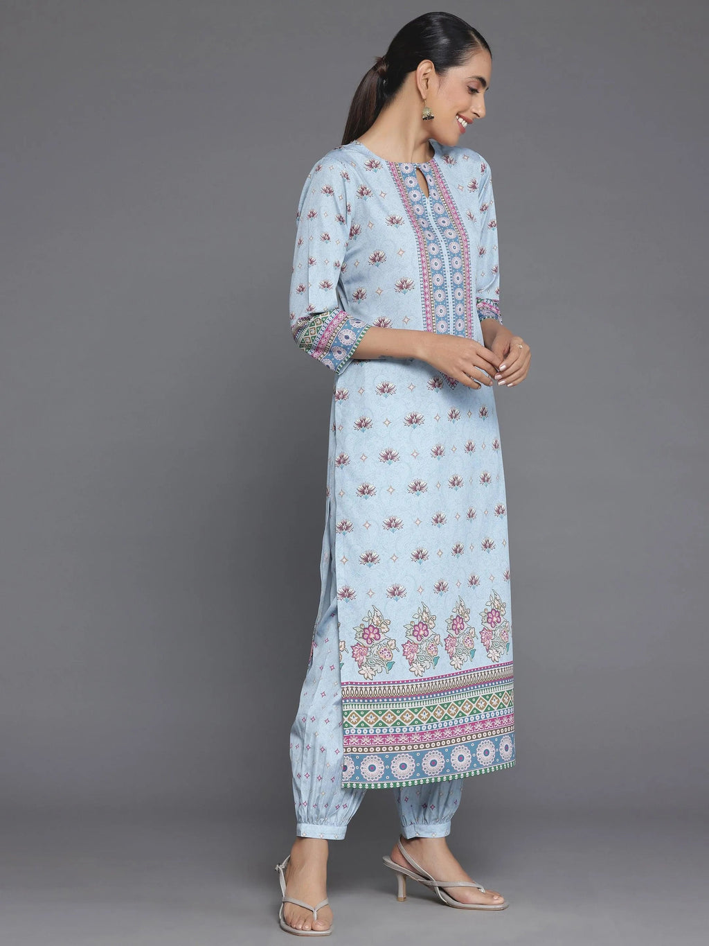 Blue Printed Poly Crepe Straight Suit With Dupatta