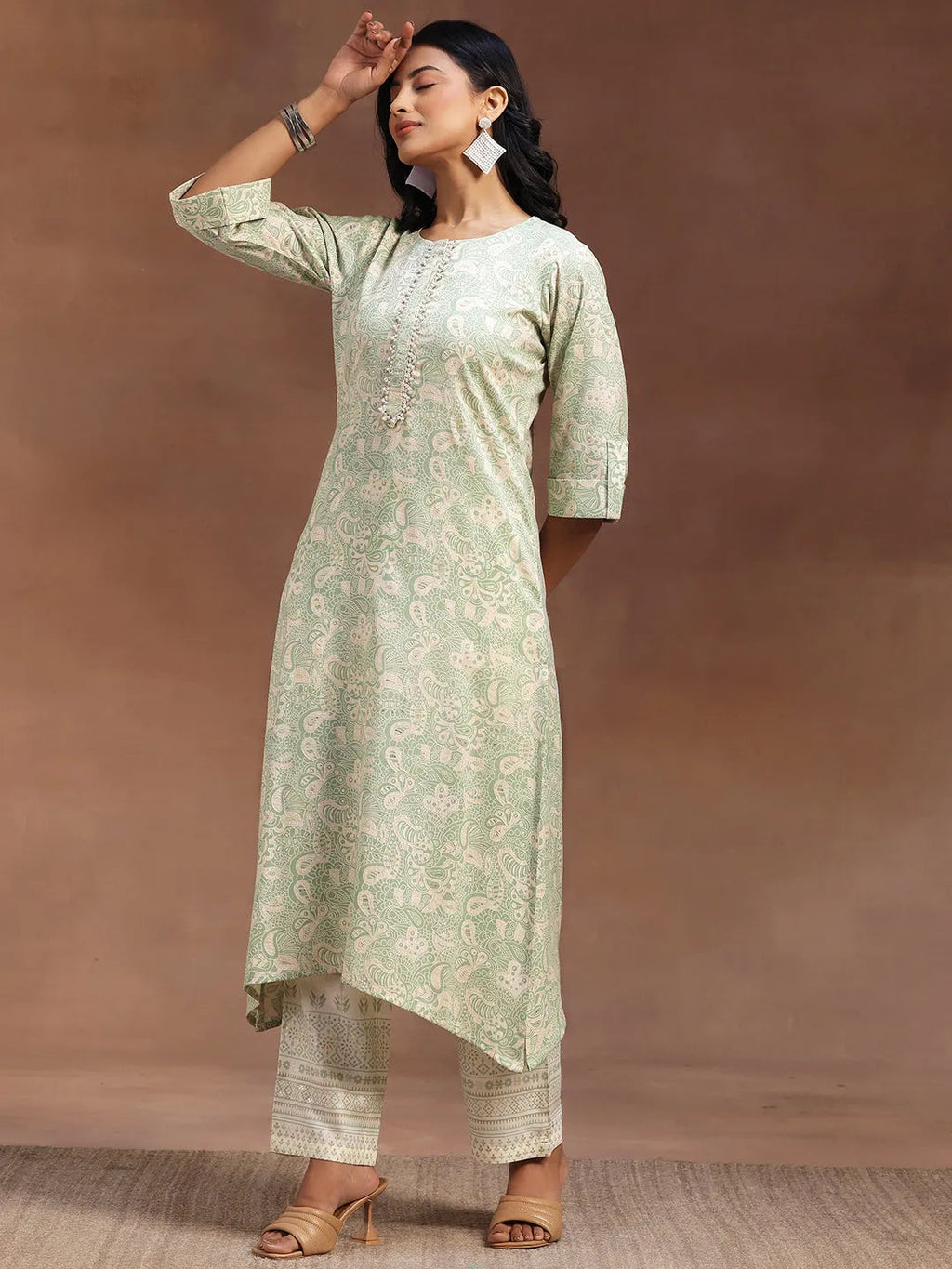 Green Printed Cotton Blend Straight Kurta With Palazzos