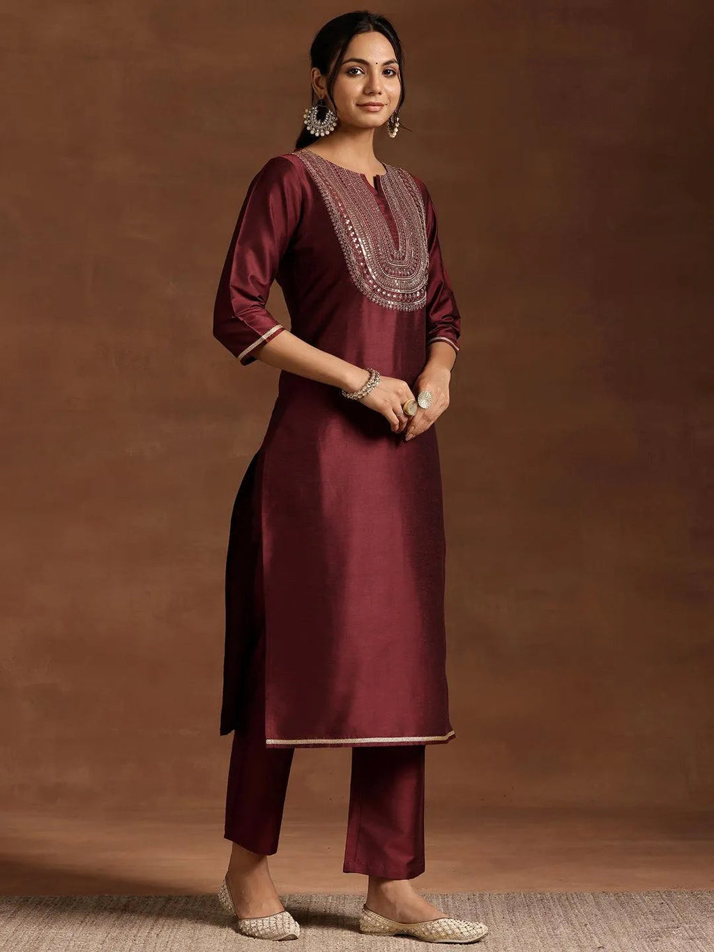 Maroon Yoke Design Silk Blend Straight Kurta Set