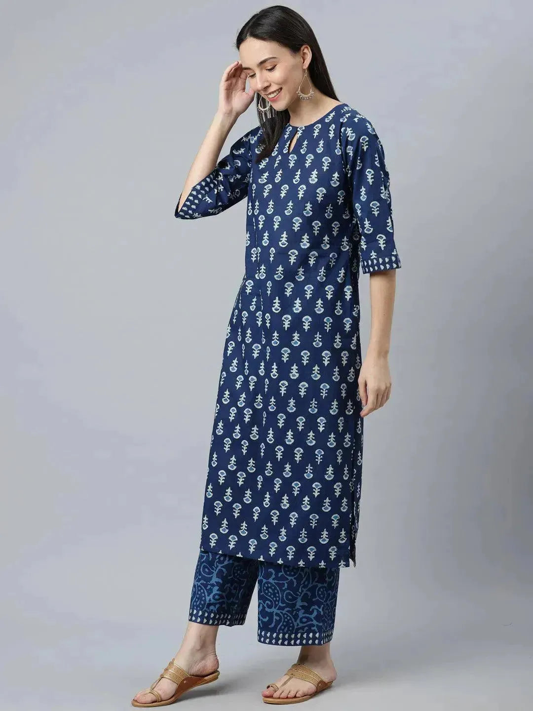 Blue Printed Cotton Straight Suit Set With Dupatta