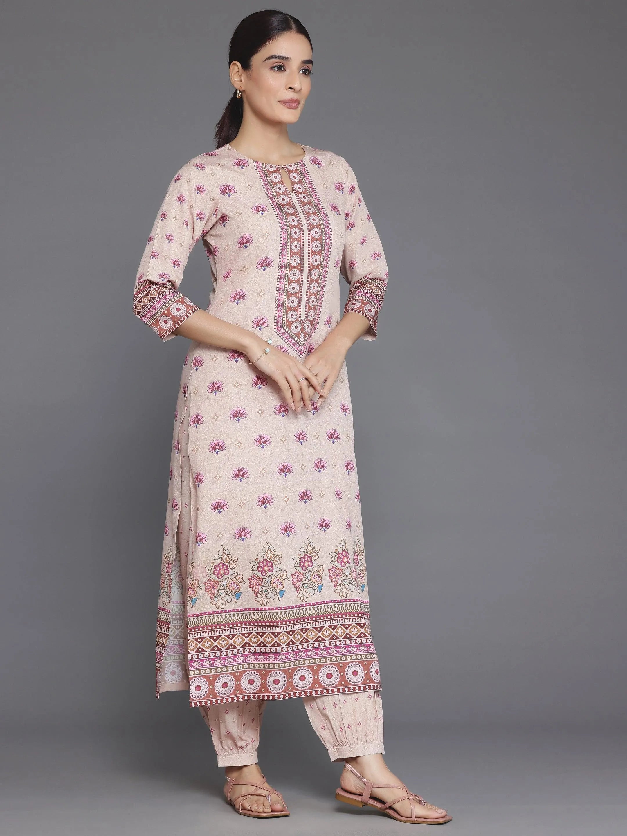 Peach Printed Poly Crepe Straight Suit With Dupatta
