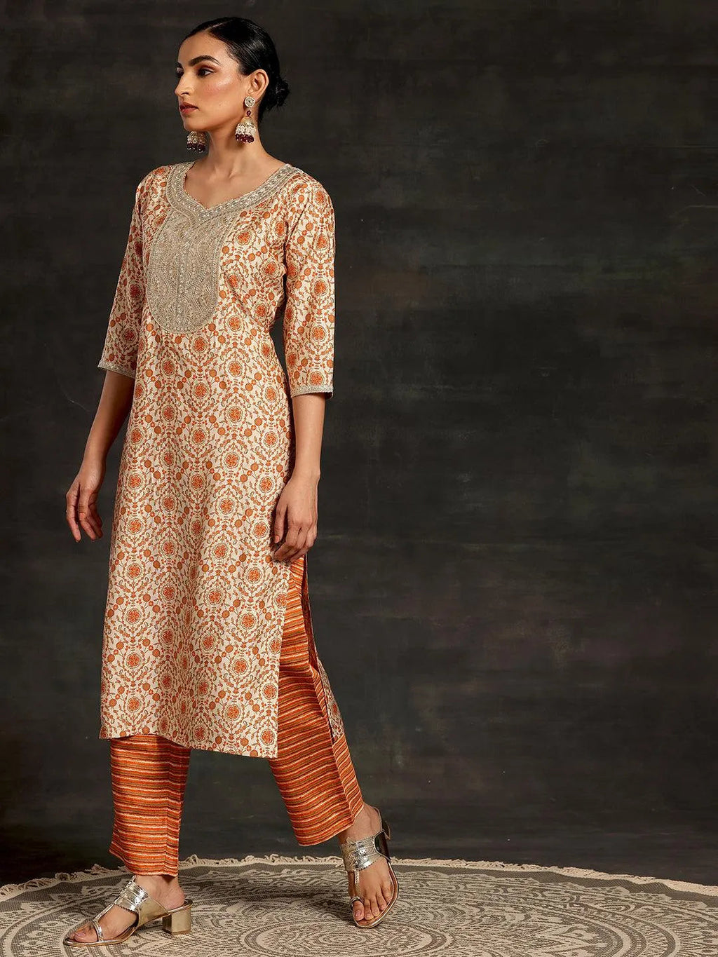 Beige Printed Silk Blend Straight Suit With Dupatta