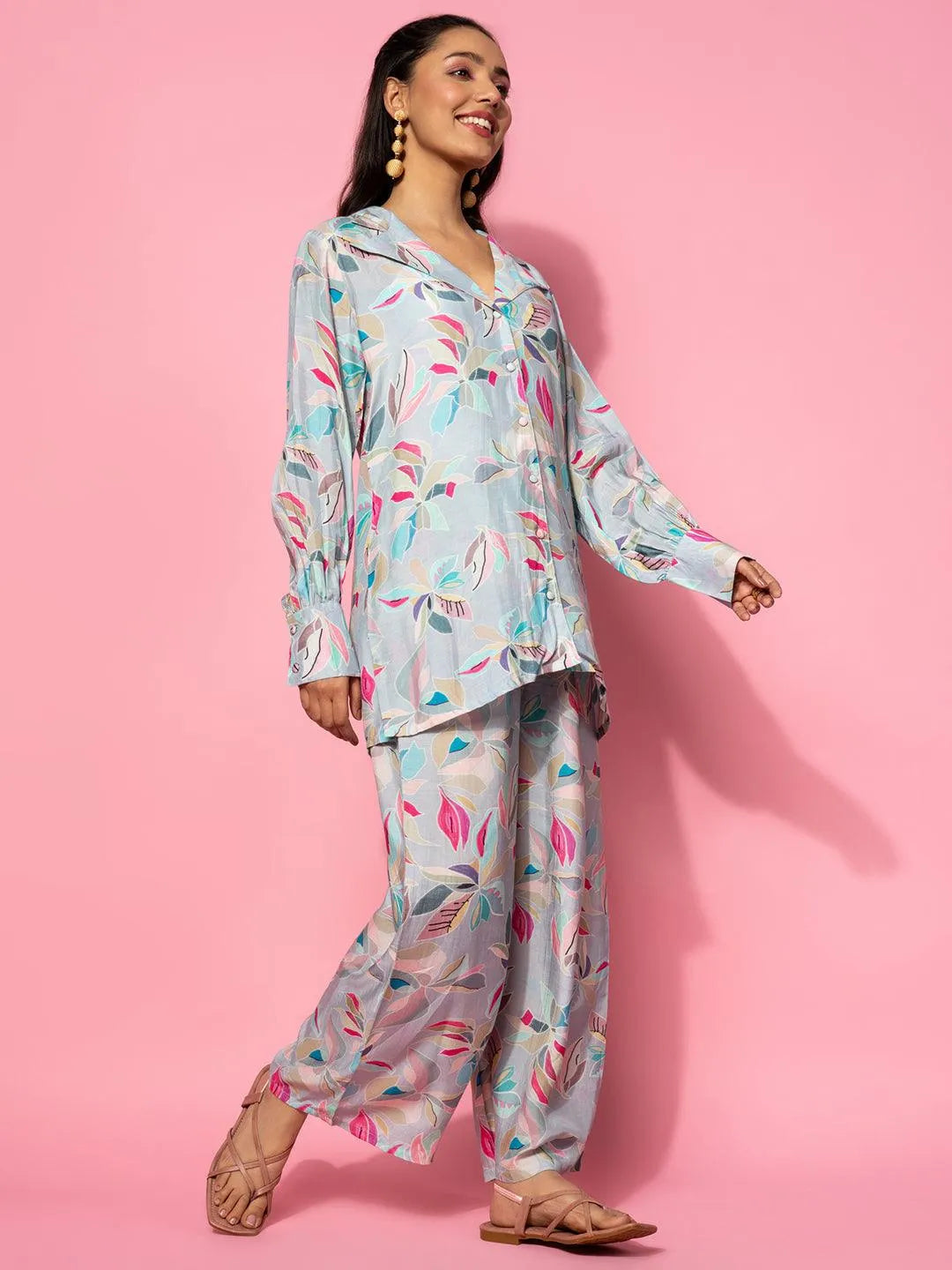 Grey Printed Silk Blend Co-Ords