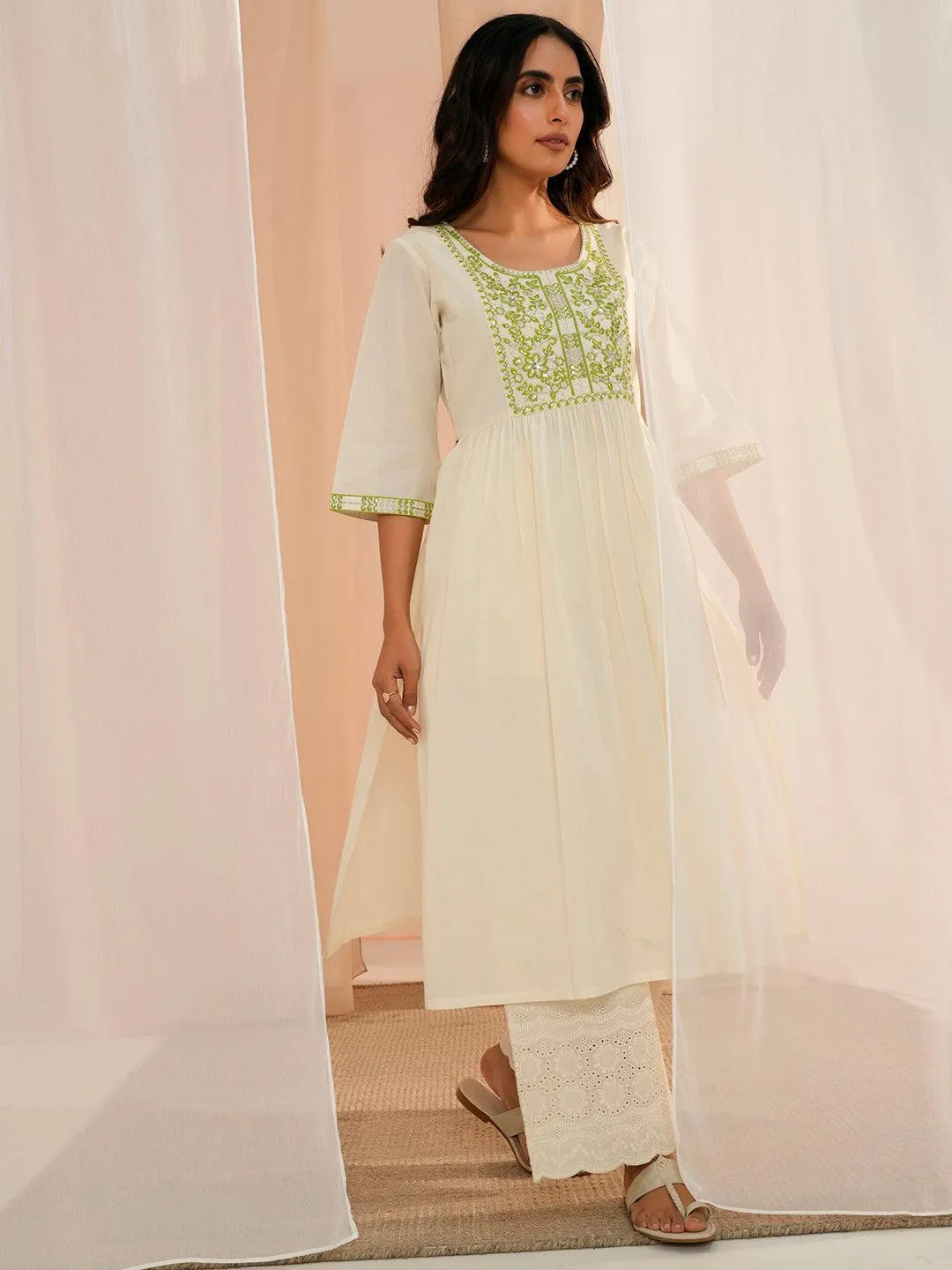 Off White Yoke Design Cotton A-Line Kurta - Libas