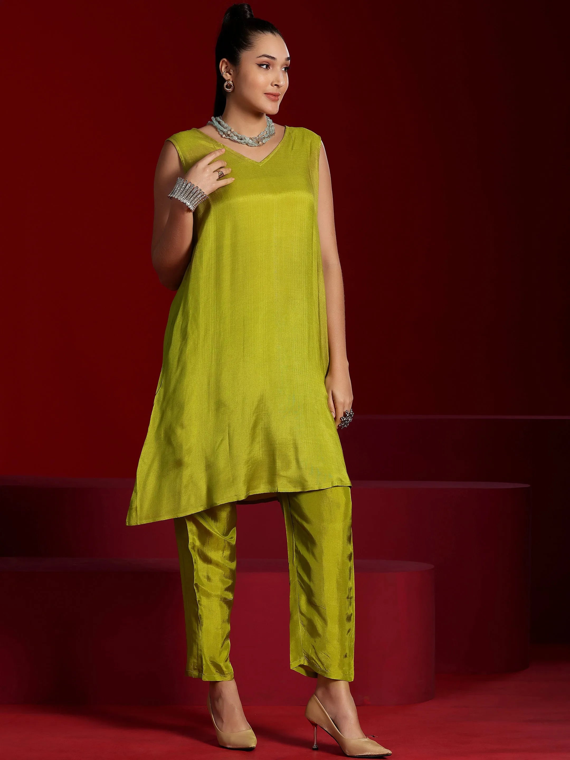 Libas Art Green Printed Poly Georgette 3 Piece Co-Ords