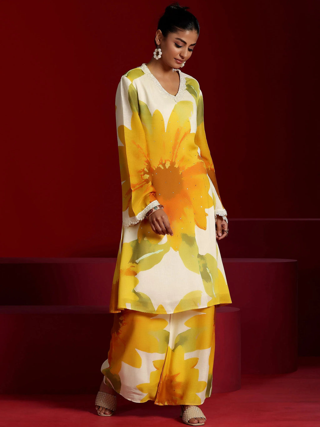 Libas Art Off White Printed Cotton Blend Co-Ords