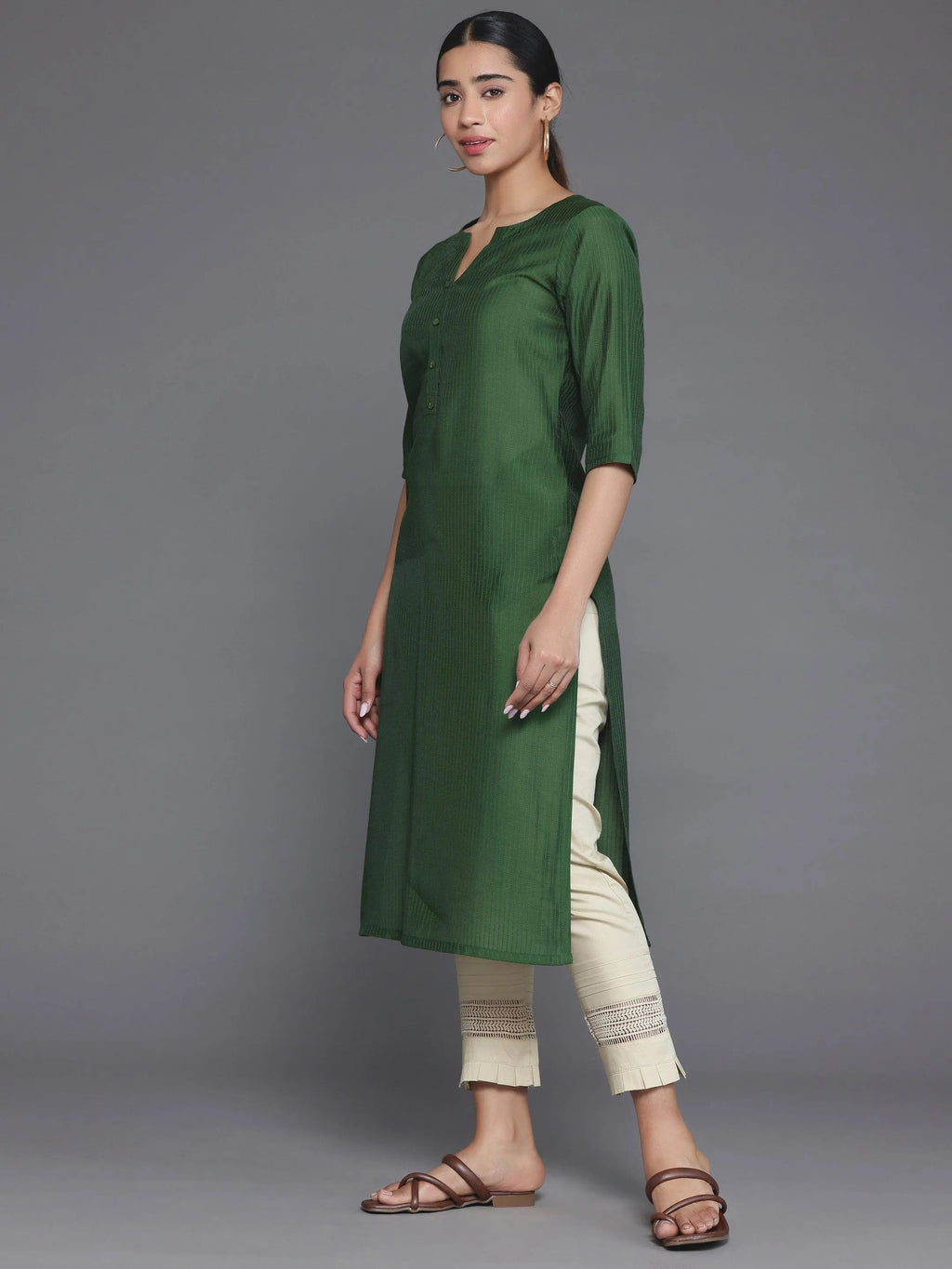 Green Woven Design Silk Straight Kurta - Libas