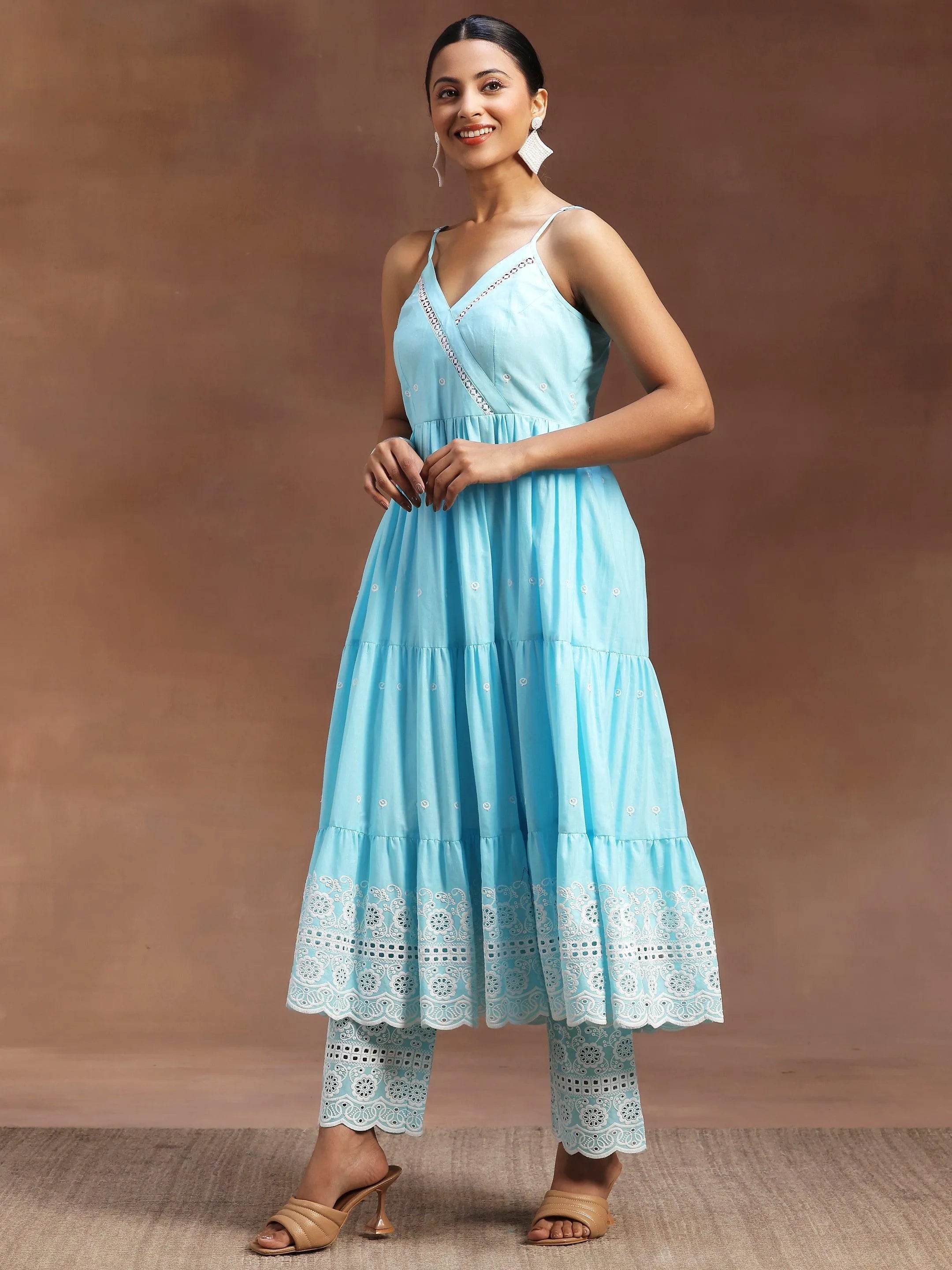 Blue Self Design Cotton Anarkali Kurta With Trousers