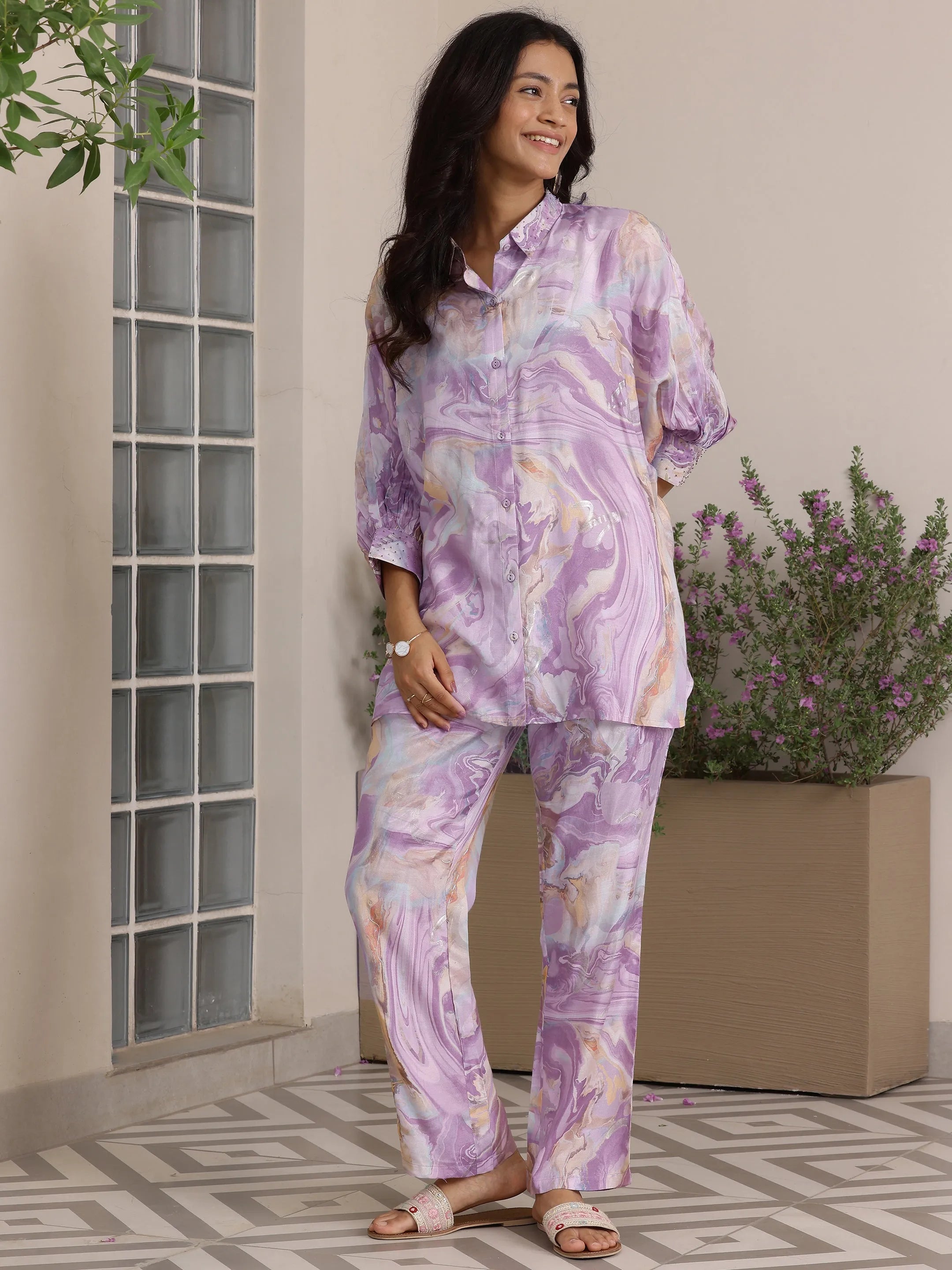 Lavender Printed Silk Blend Co-Ords