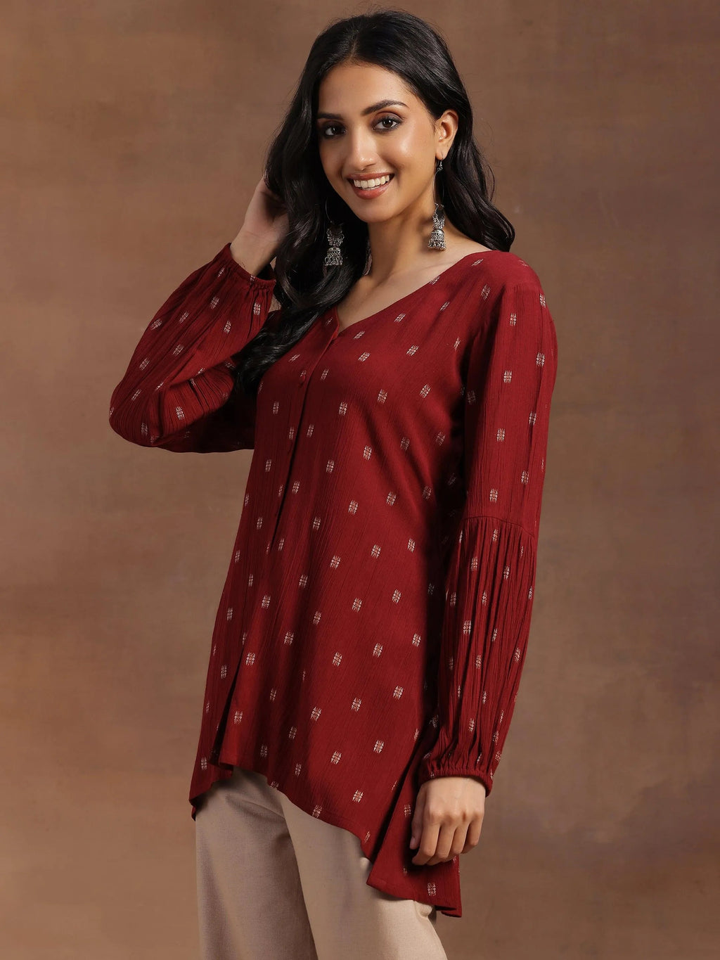 Maroon Woven Design Viscose Rayon A-line Kurti
