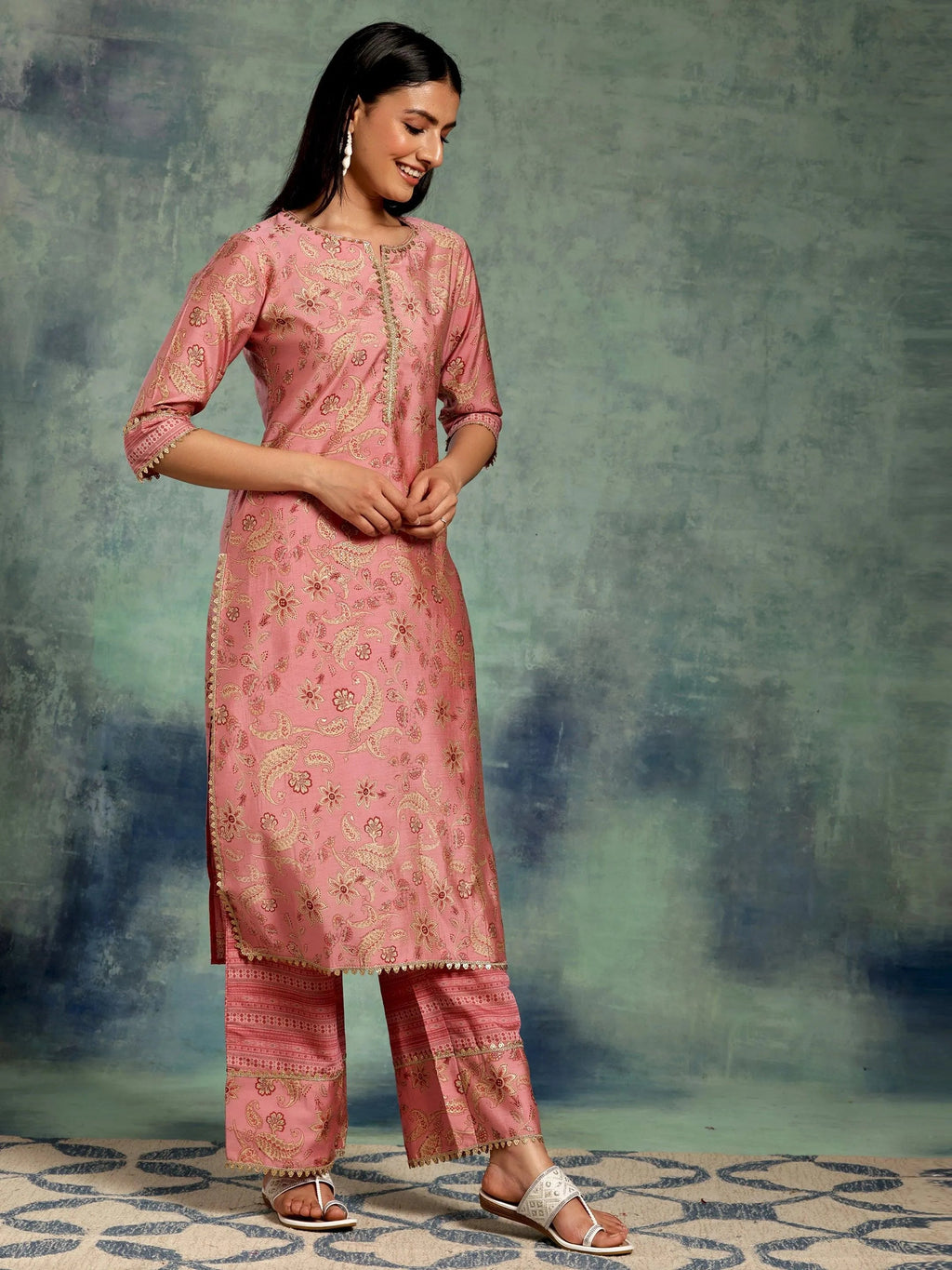 Pink Printed Silk Blend Straight Suit With Dupatta