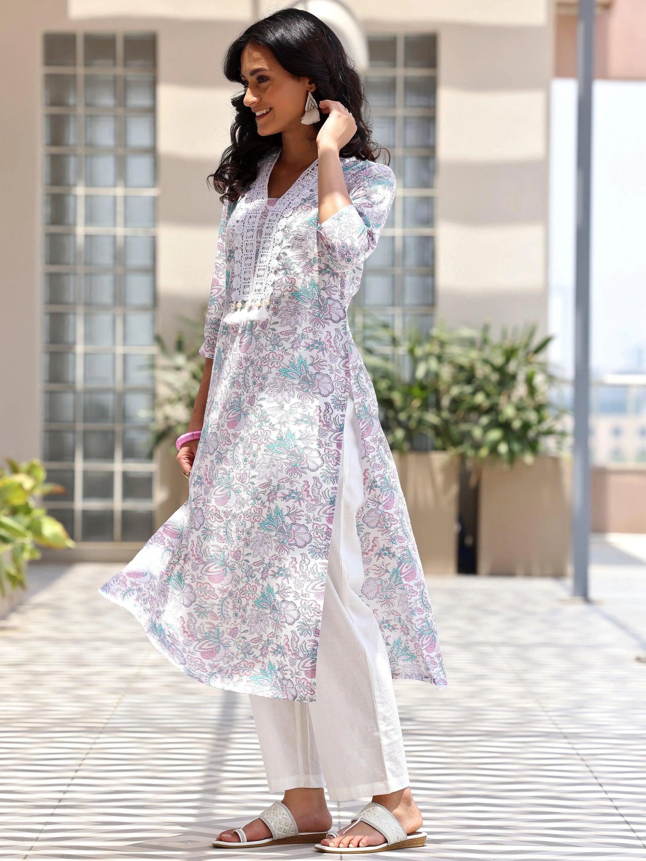 Off White Printed Cotton Straight Suit With Dupatta