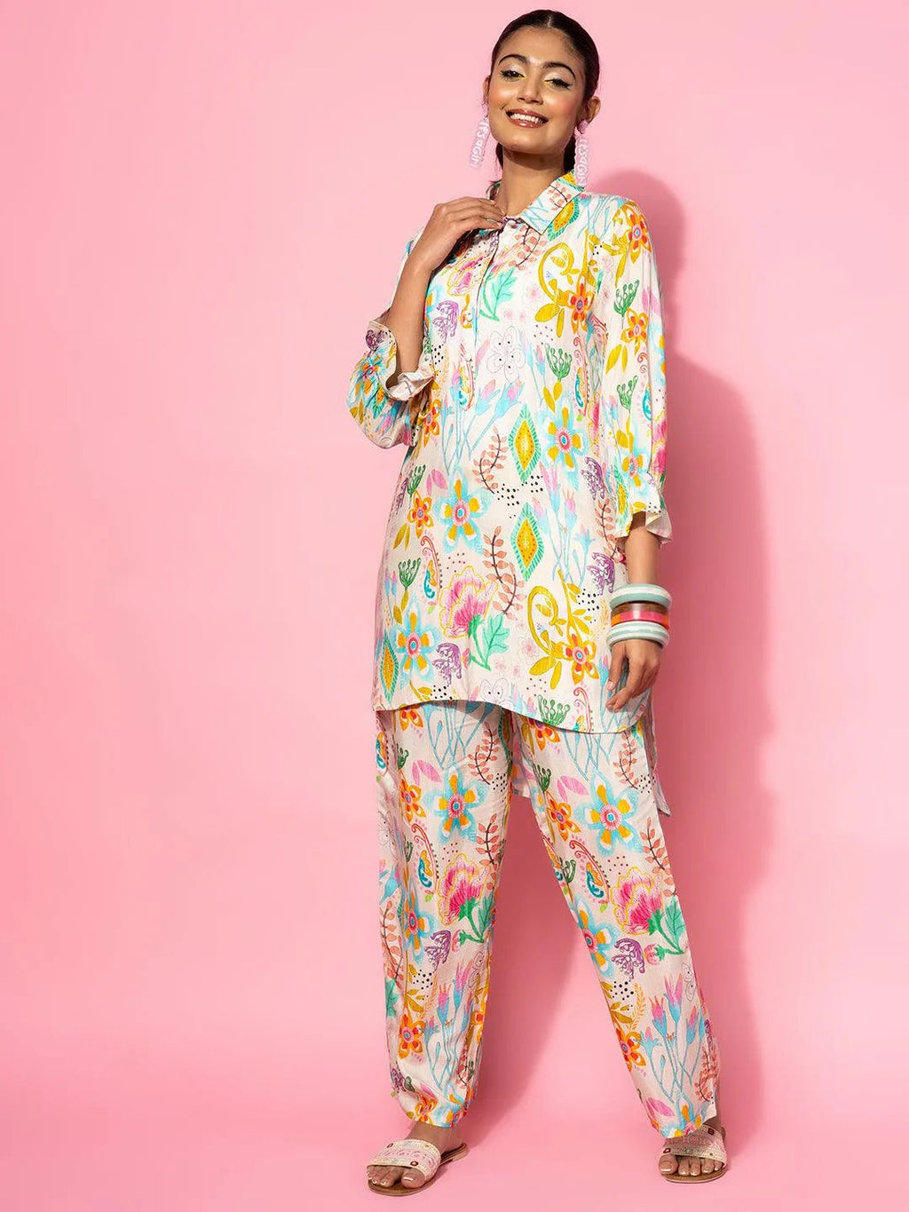 Cream Printed Silk Blend Co-Ords