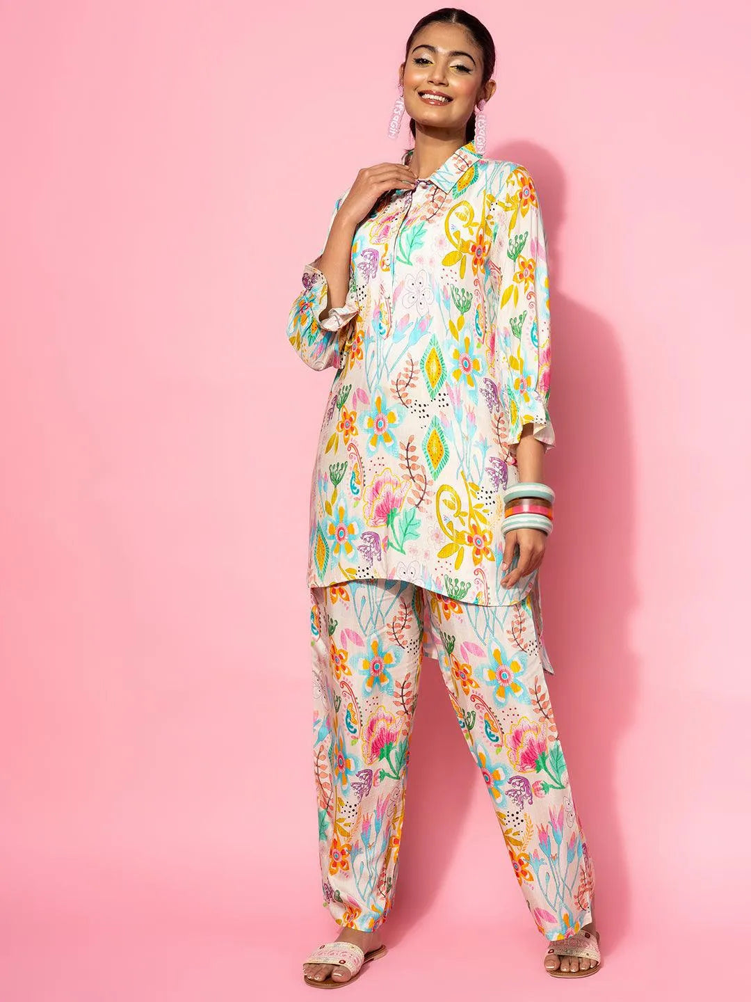 Cream Printed Silk Blend Co-Ords