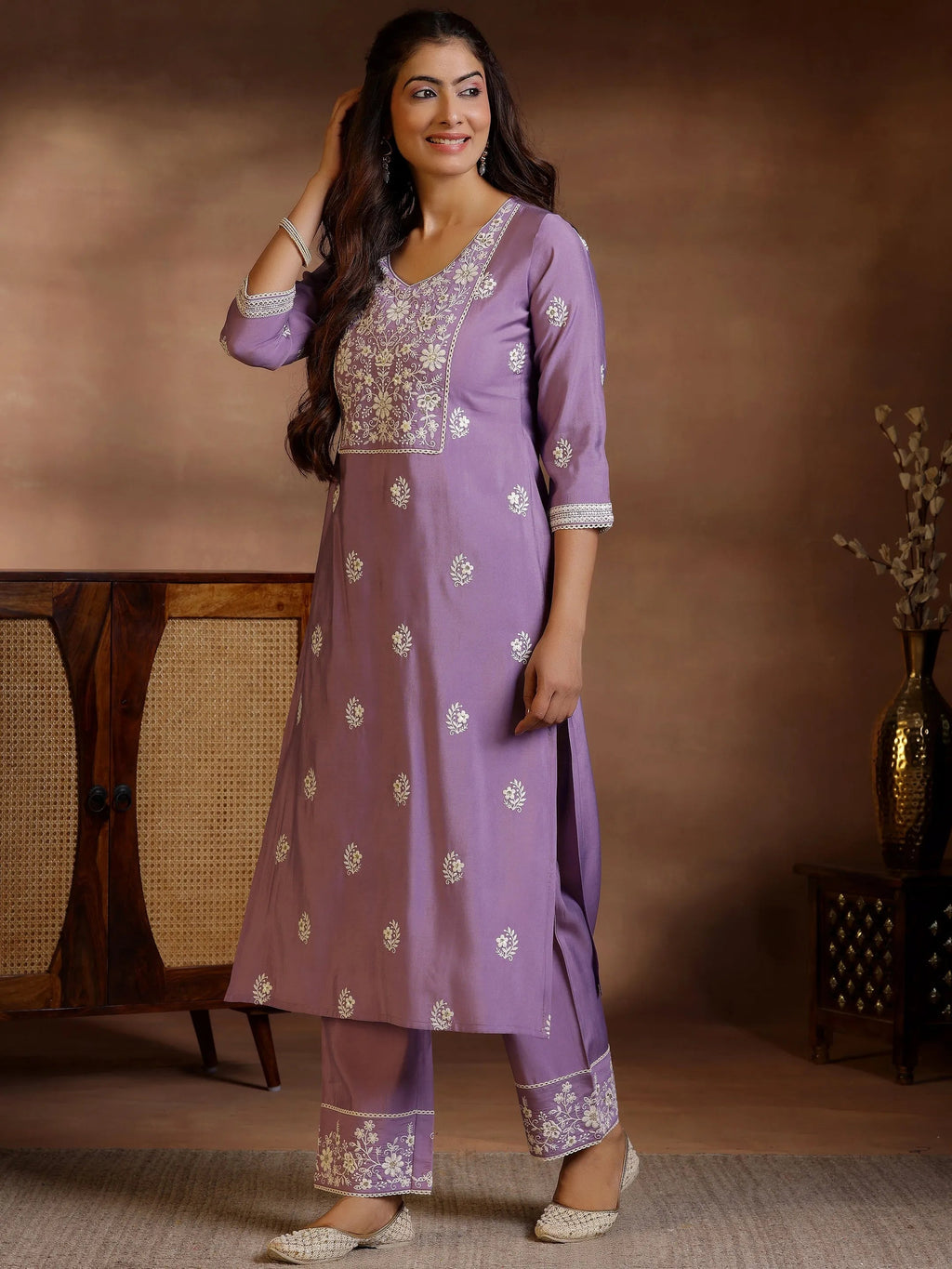 Mauve Embroidered Silk Blend Straight Suit With Dupatta