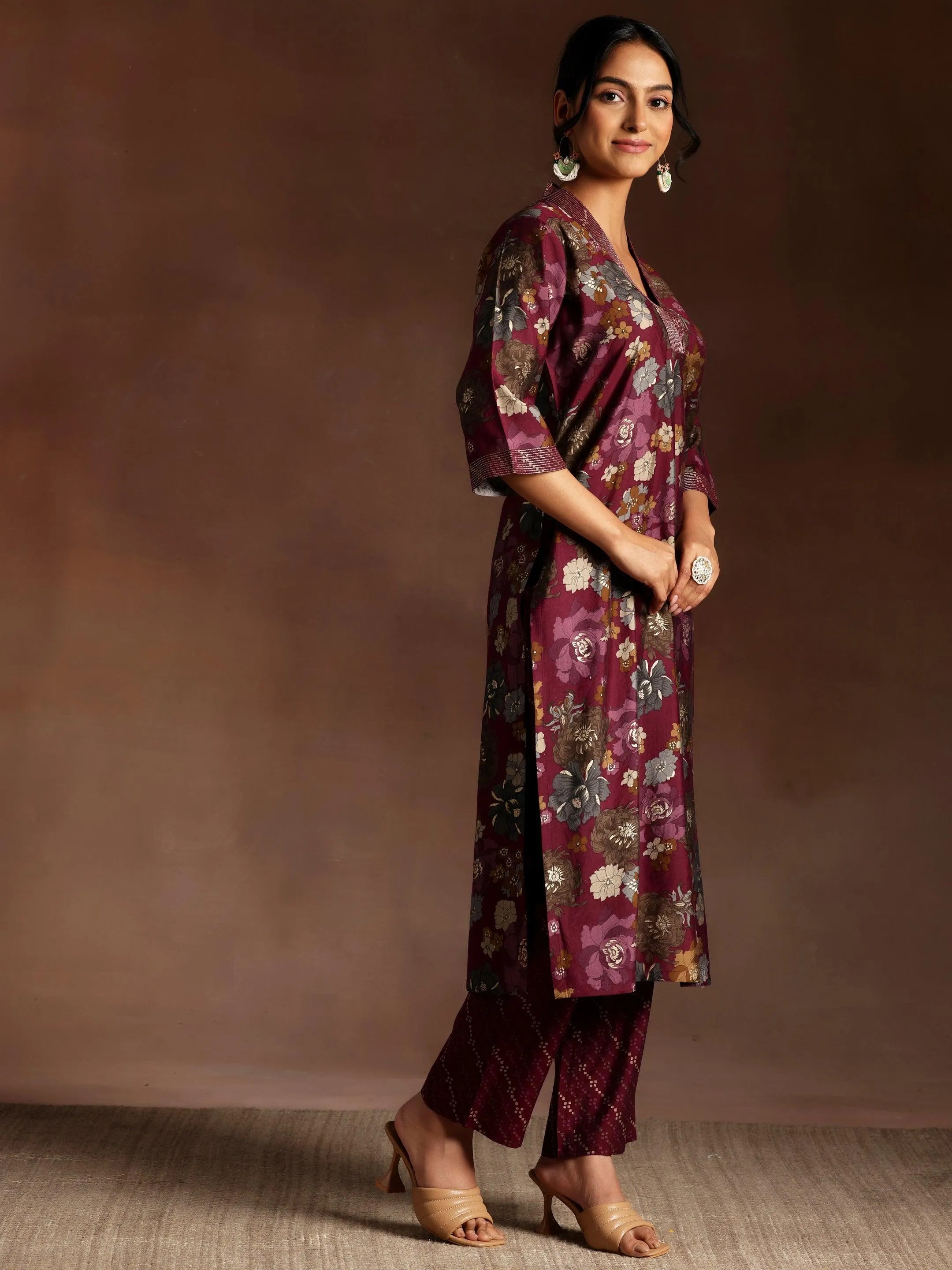 Burgundy Printed Silk Blend Straight Suit With Dupatta