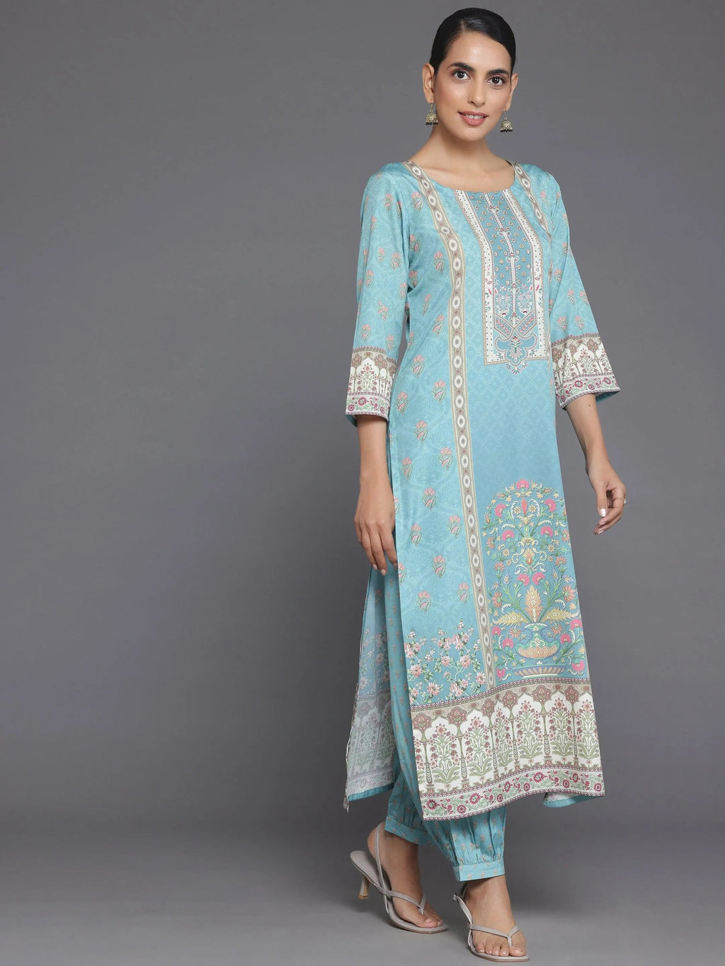 Blue Printed Poly Crepe Straight Suit With Dupatta