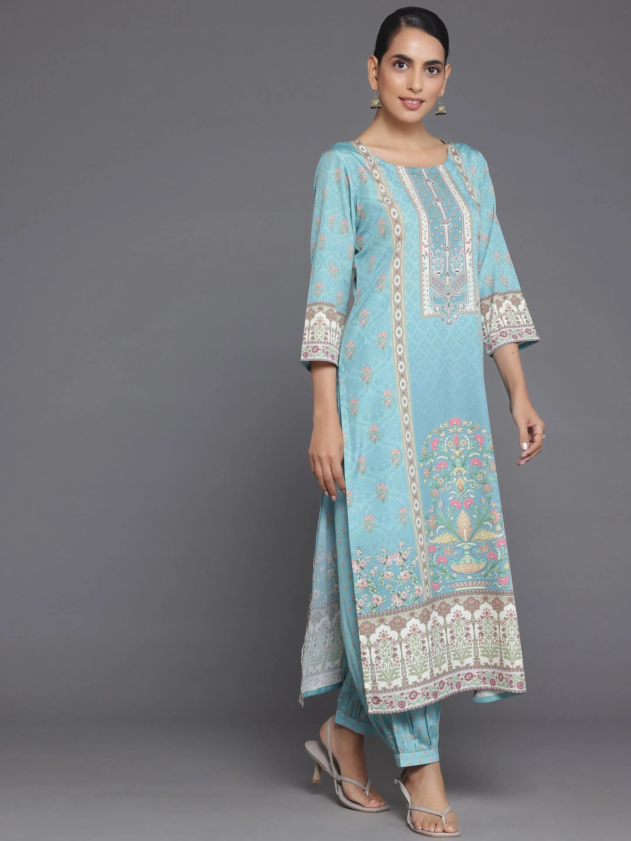 Blue Printed Poly Crepe Straight Suit With Dupatta