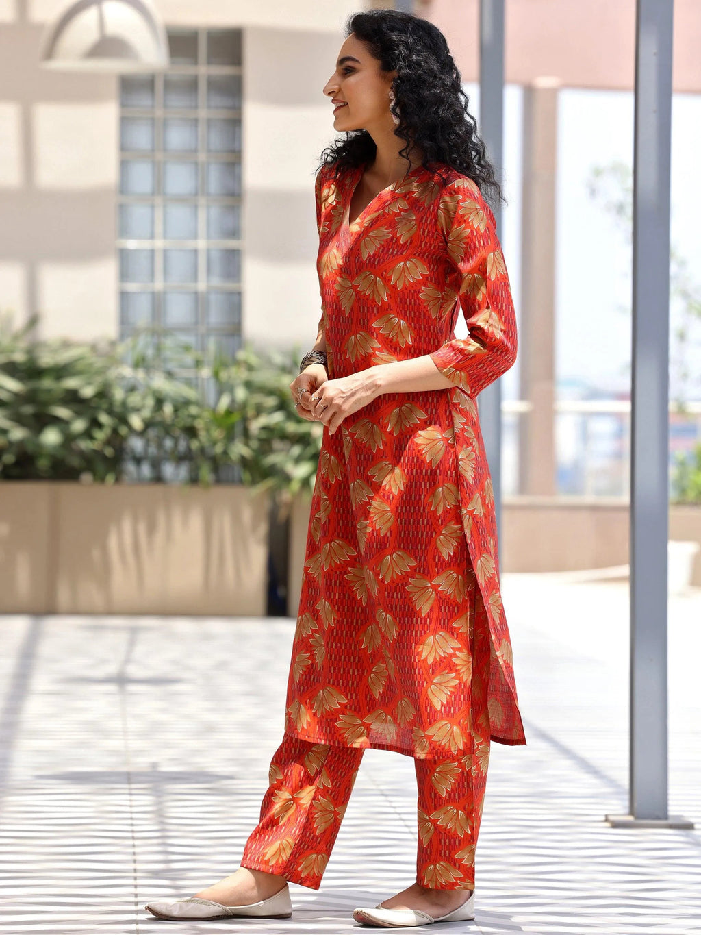 Orange Printed Silk Blend Co-Ords