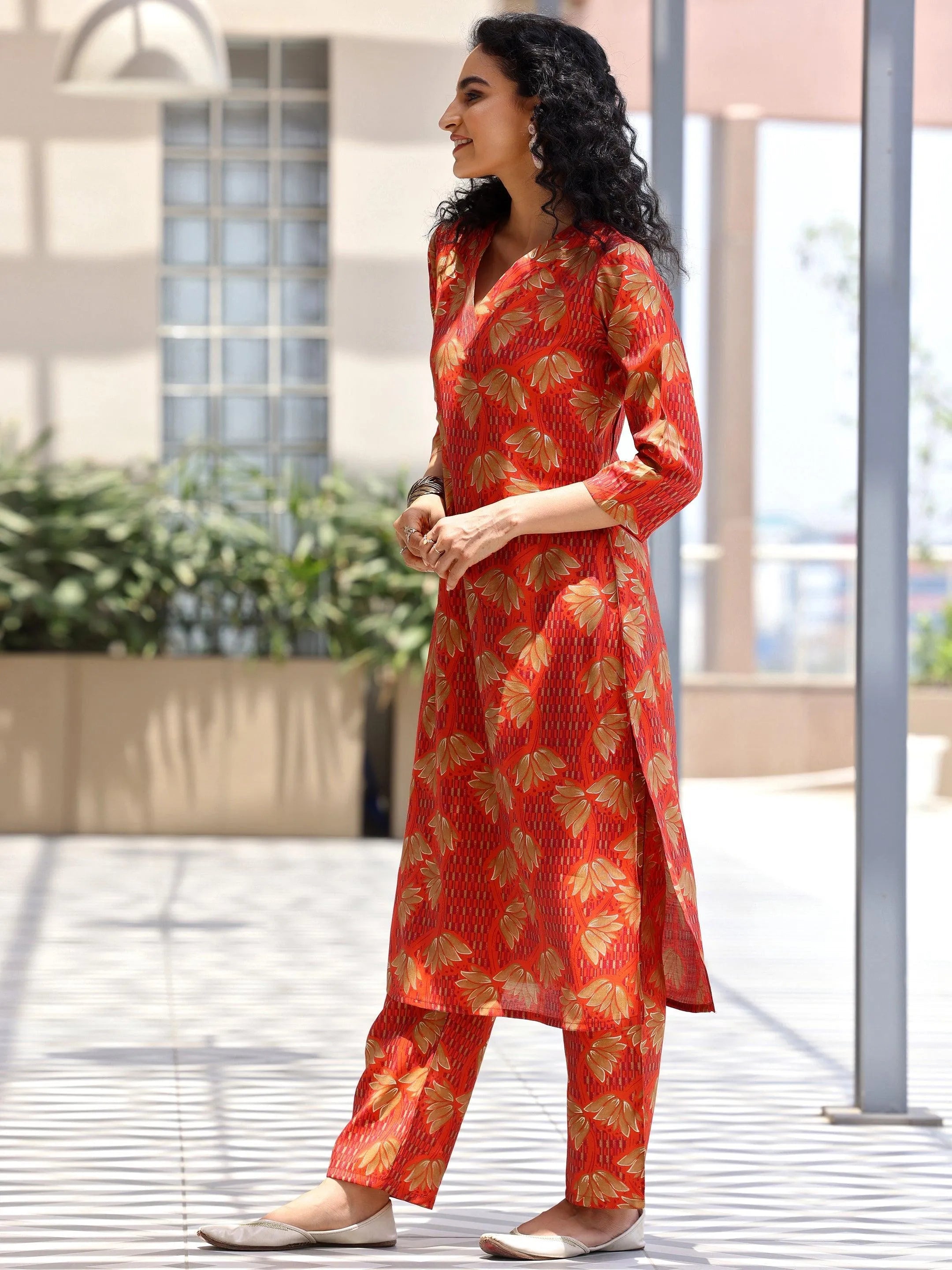 Orange Printed Silk Blend Co-Ords