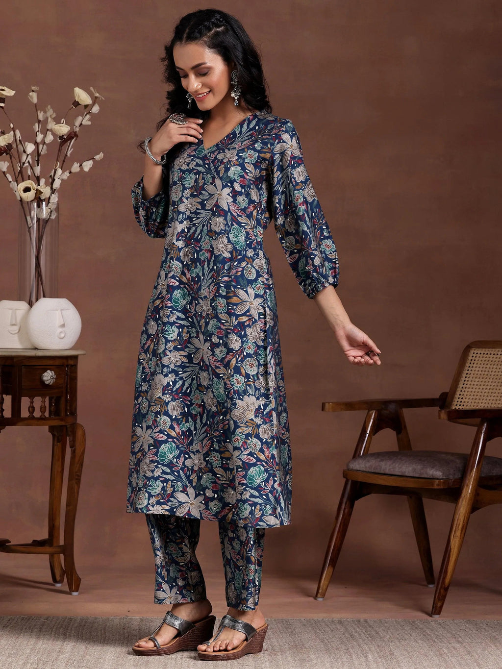 Blue Printed Silk Blend Co-Ords