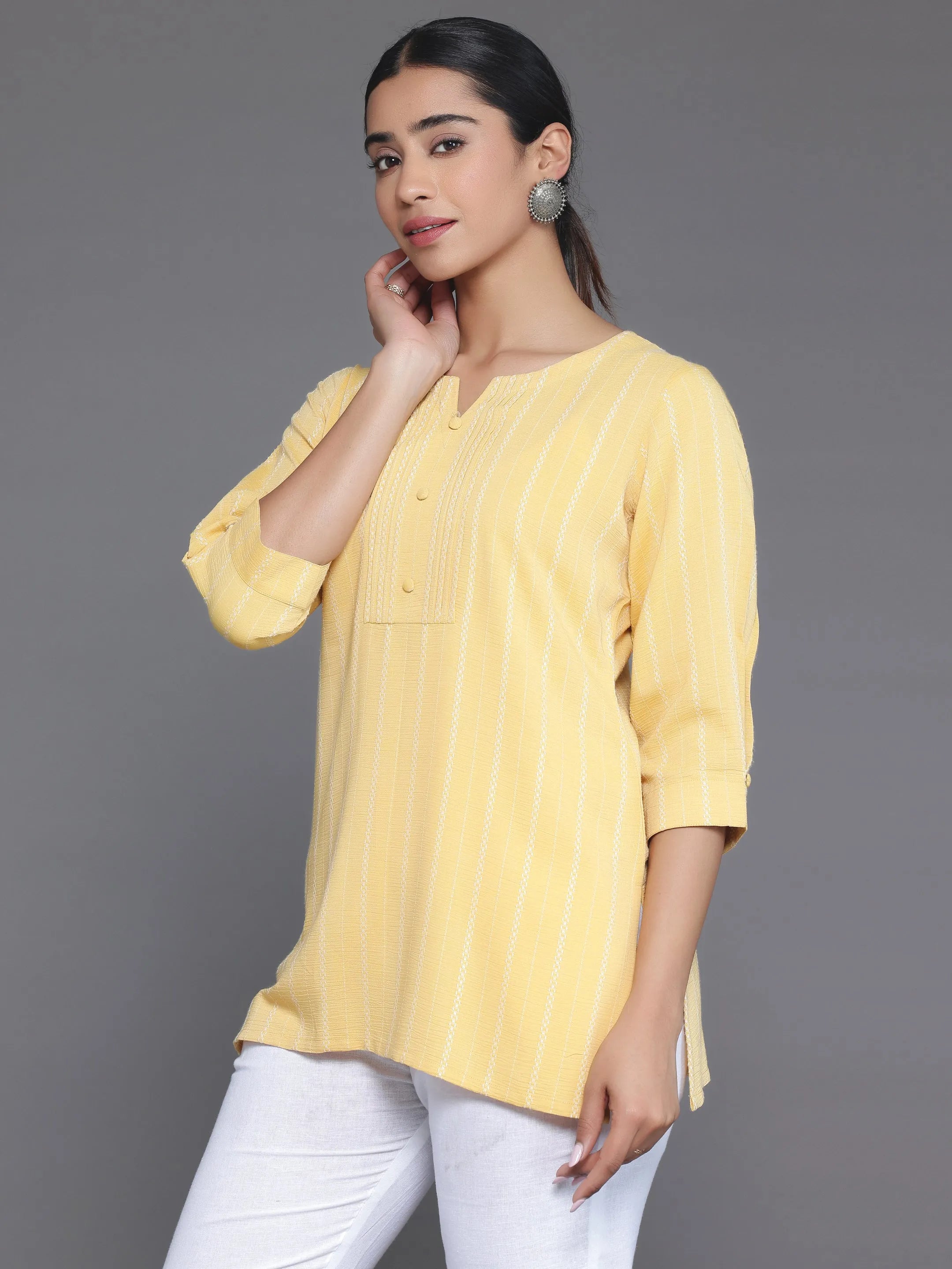 Mustard Woven Design Cotton Blend Straight Kurti