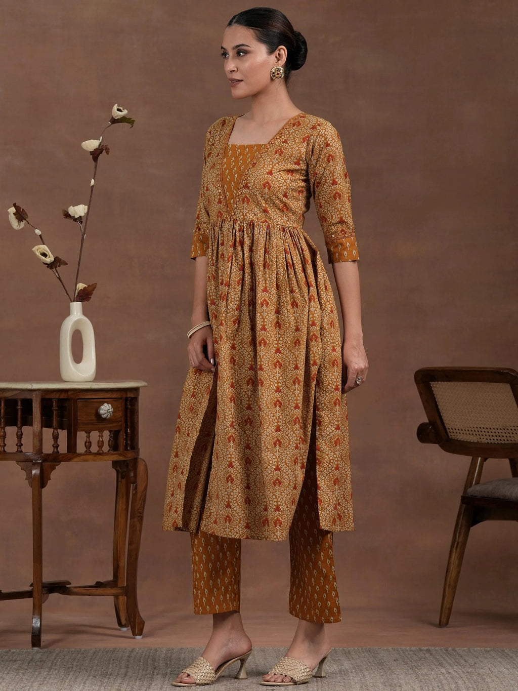 Mustard Printed Cotton A-Line Kurta With Palazzos