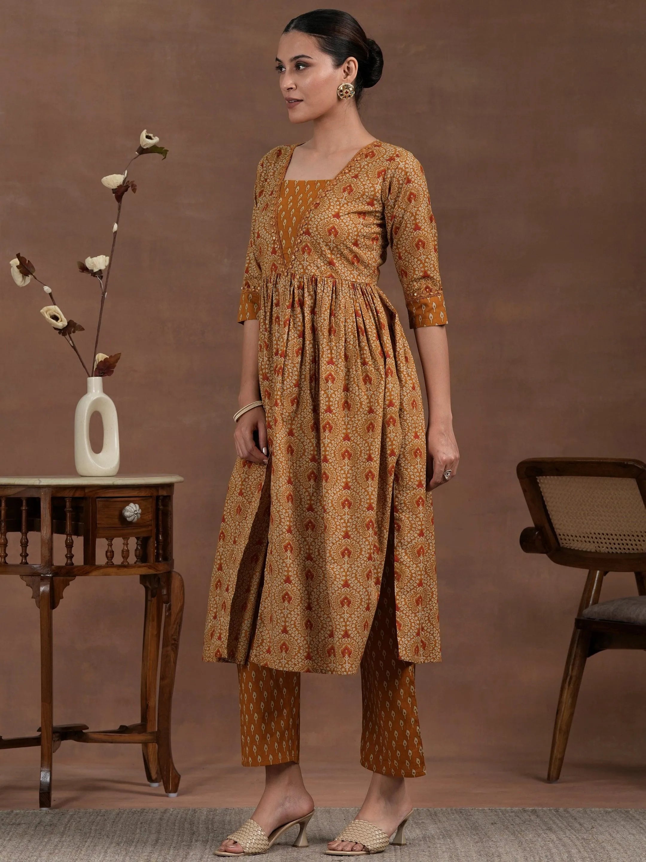 Mustard Printed Cotton A-Line Kurta With Palazzos