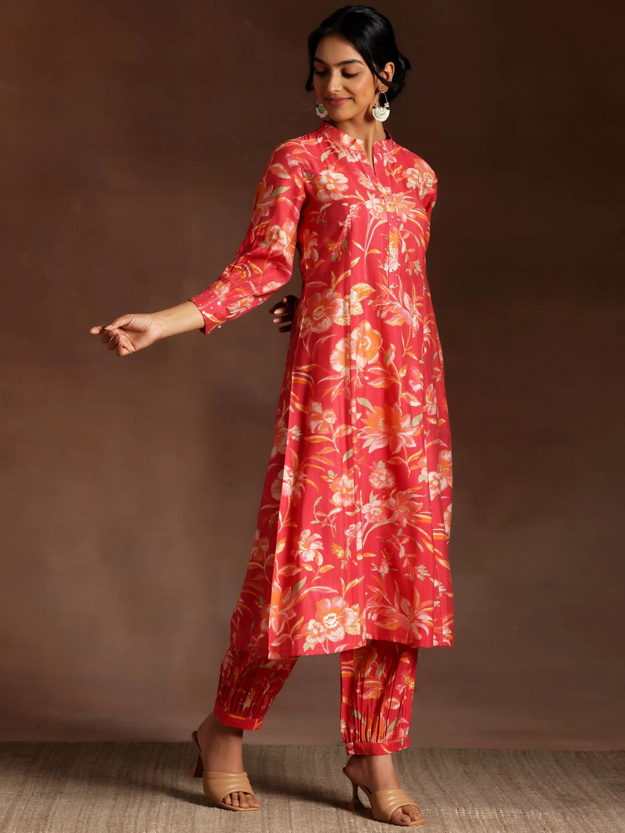 Coral Printed Silk Blend Co-Ords