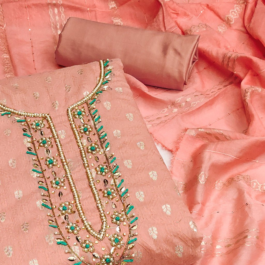 Peach Woven With Handwork Jacquard Dress Material