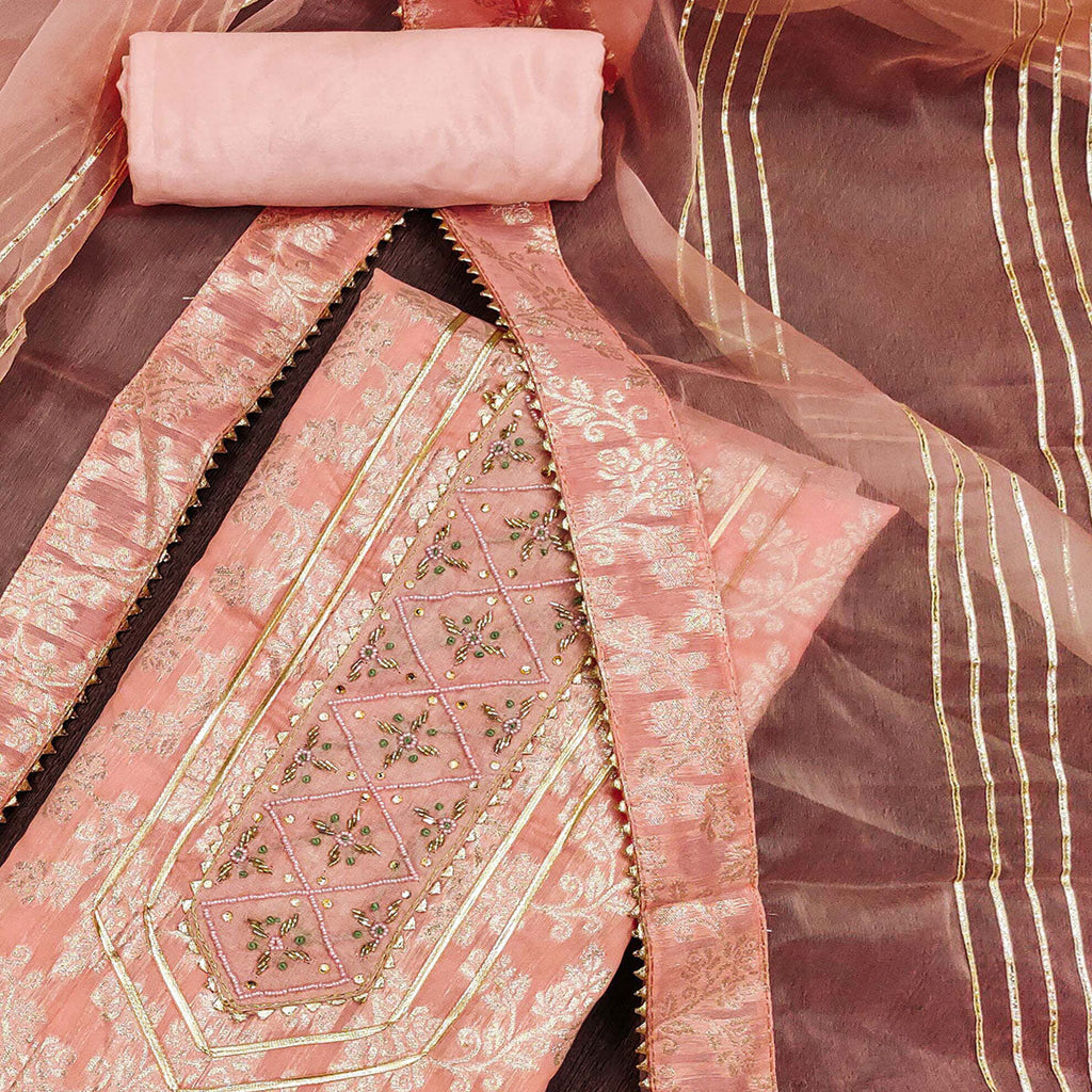 Peach Woven With Handwork Jacquard Dress Material