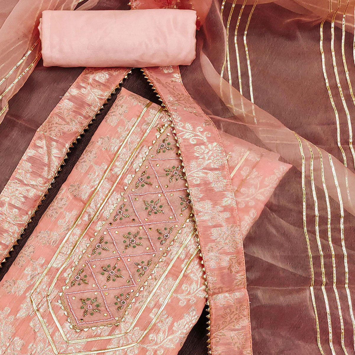 Peach Woven With Handwork Jacquard Dress Material