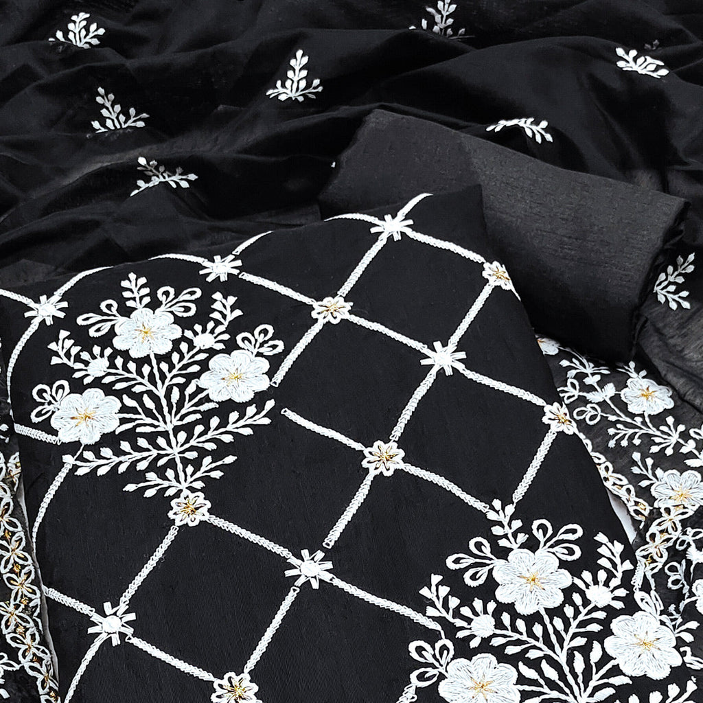 Black Floral Embroidered Chanderi Cotton Dress Material