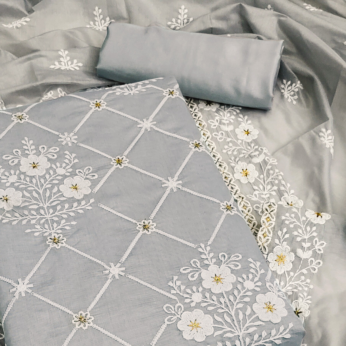 Grey Floral Embroidered Chanderi Cotton Dress Material