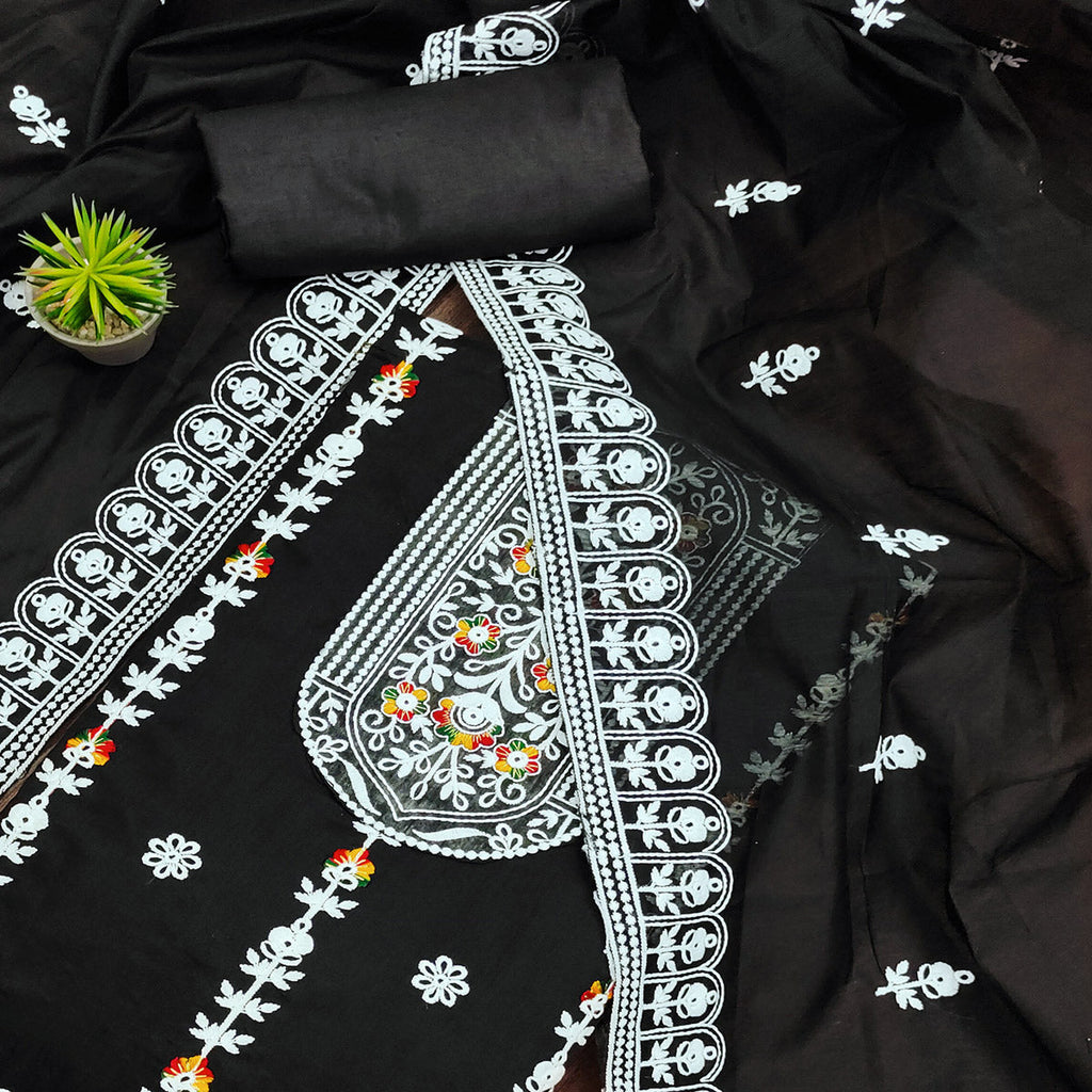Black Floral Embroidered Chanderi Cotton Dress Material