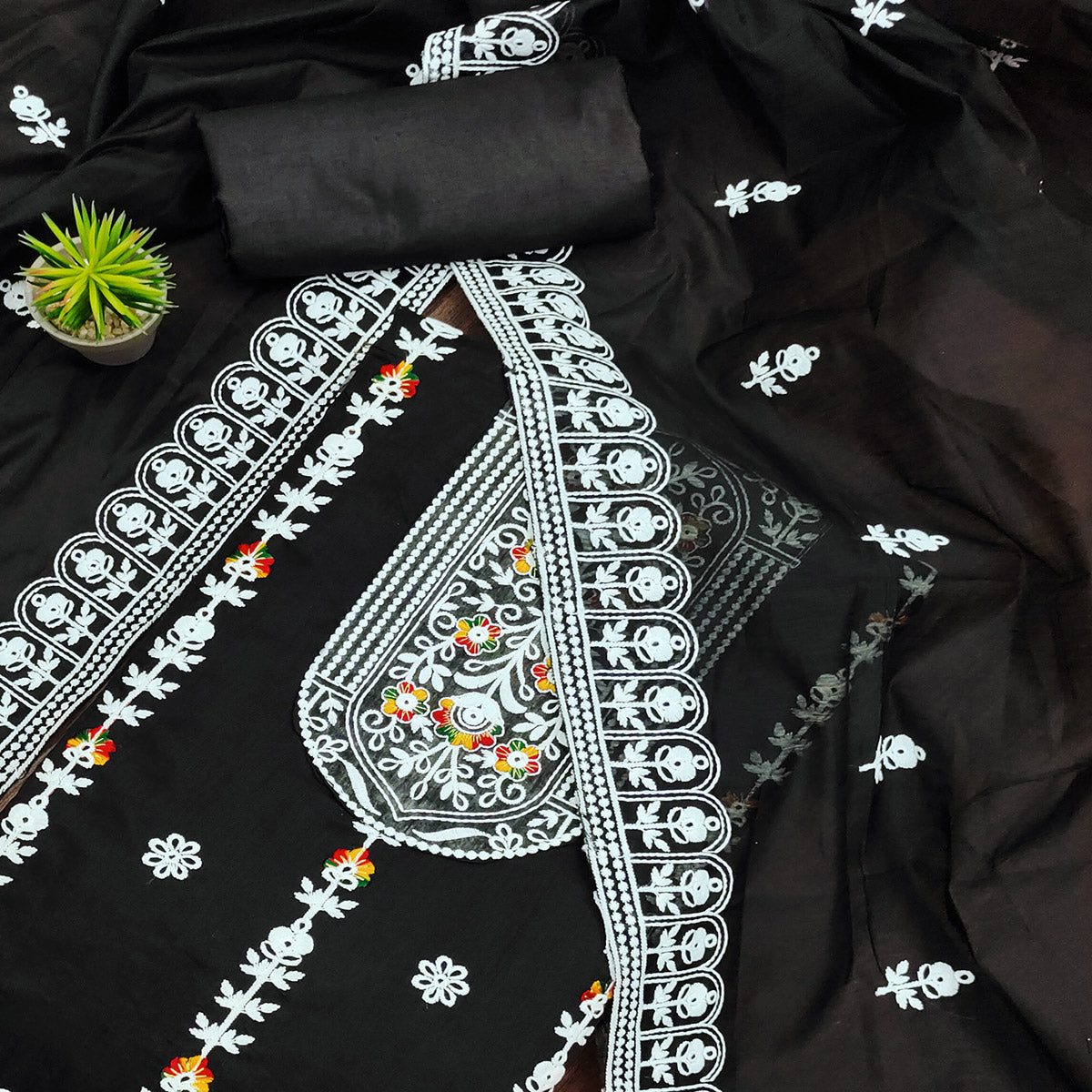 Black Floral Embroidered Chanderi Cotton Dress Material
