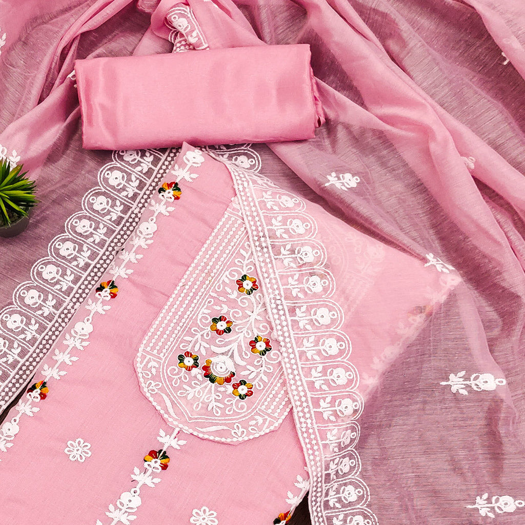 Baby Pink Floral Embroidered Chanderi Cotton Dress Material