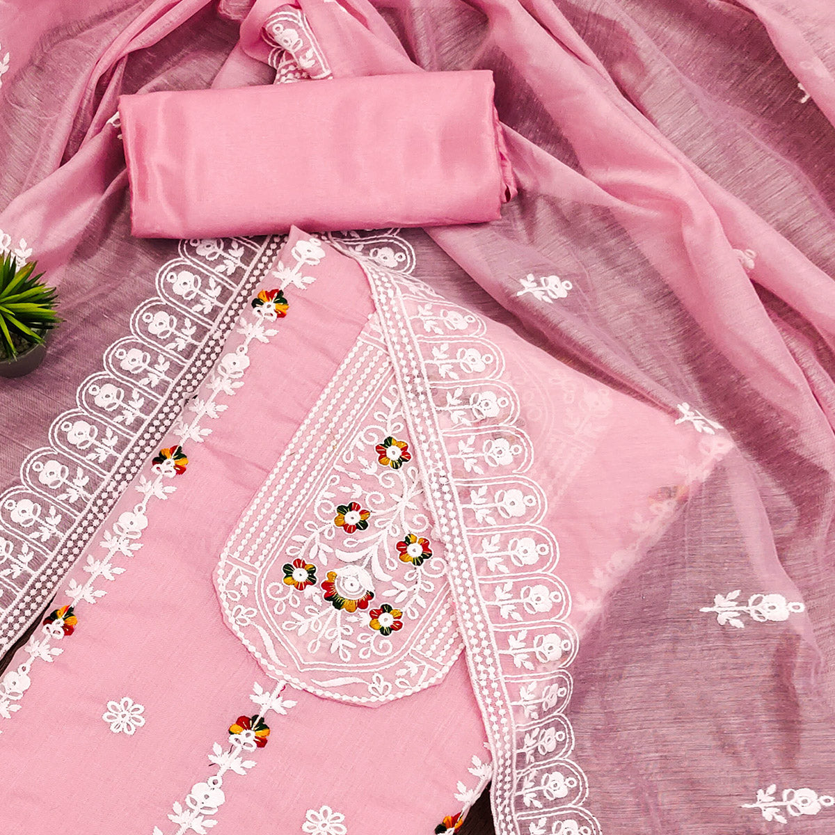 Baby Pink Floral Embroidered Chanderi Cotton Dress Material