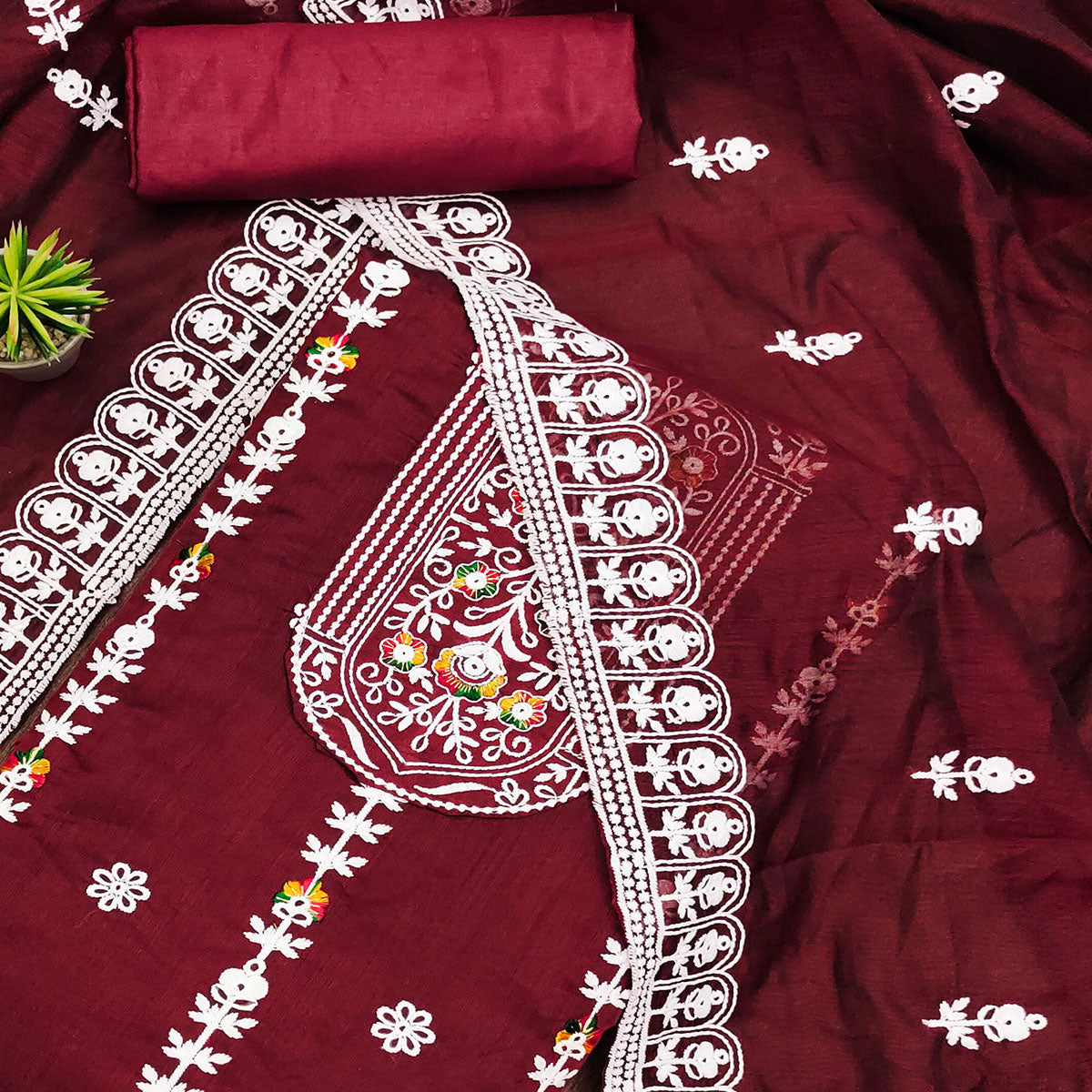 Maroon Floral Embroidered Chanderi Cotton Dress Material