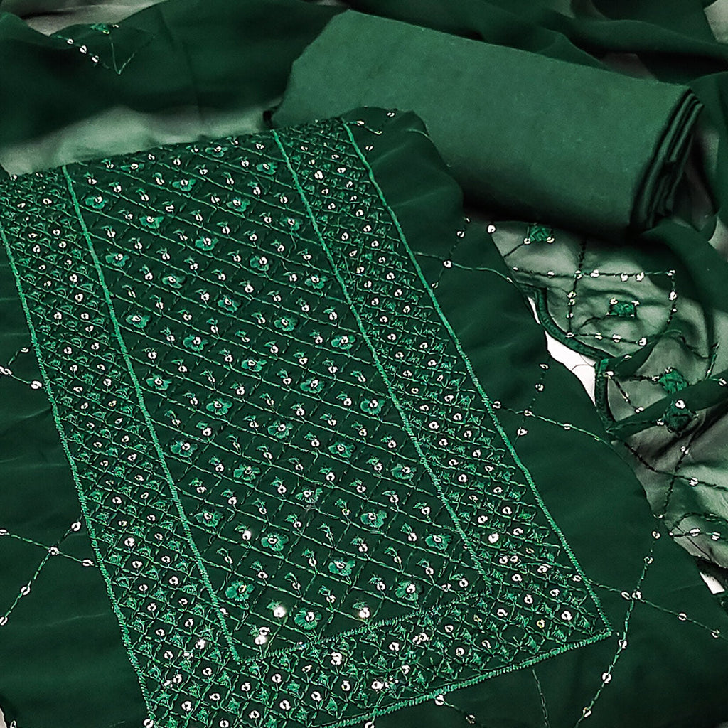 Green Georgette Dress Material Featuring Delicate Thread Embroidery & Sequin Accent