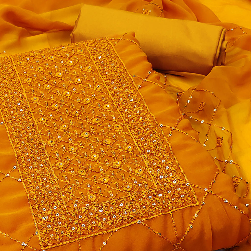 Mustard Georgette Dress Material Featuring Delicate Thread Embroidery & Sequin Accent