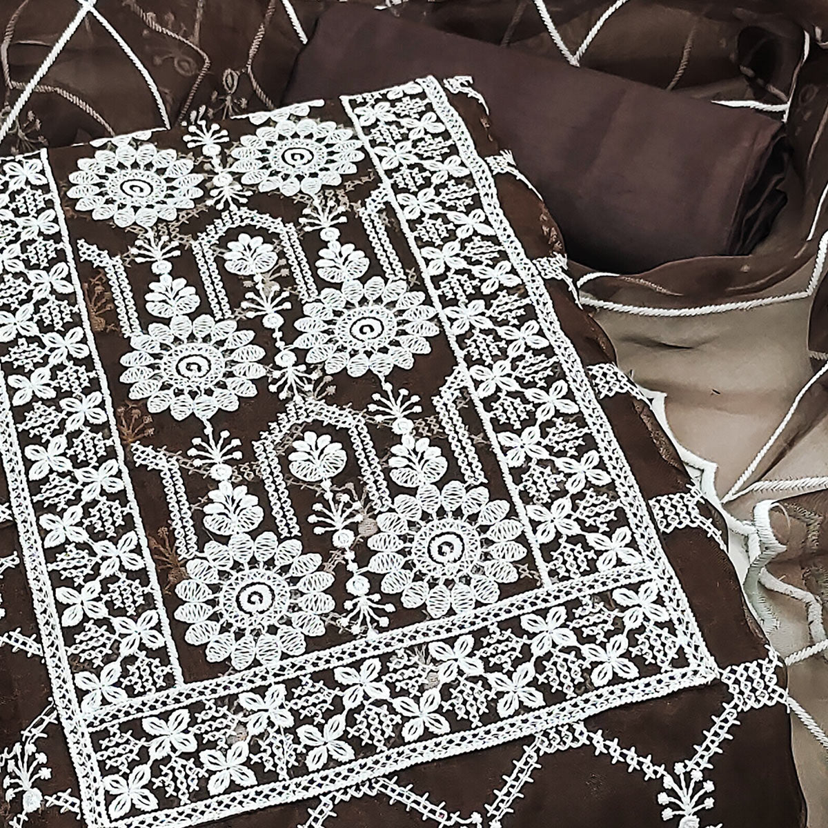 Brown Sheer Organza Suit Material with Floral Embroidery Detailing