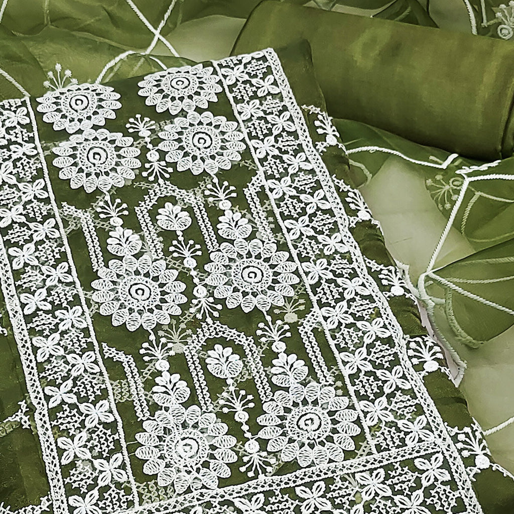 Green Sheer Organza Suit Material with Floral Embroidery Detailing