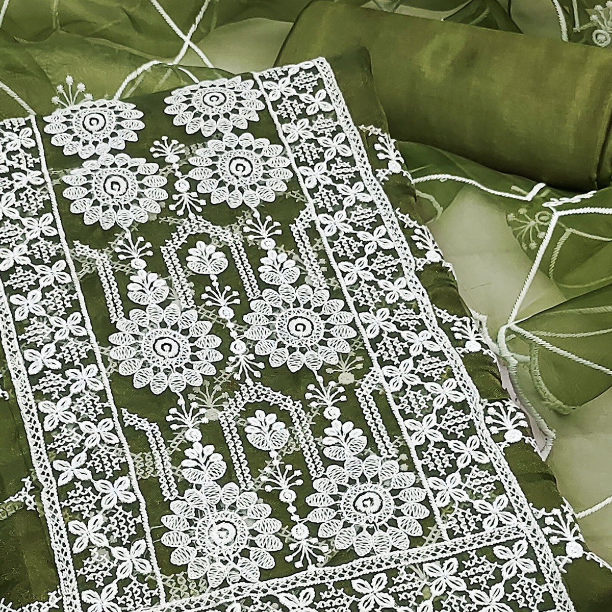 Green Sheer Organza Suit Material with Floral Embroidery Detailing