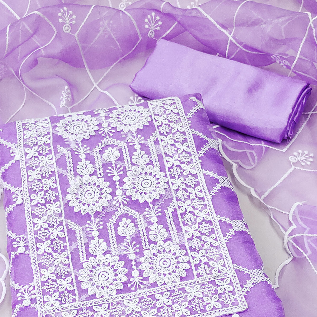 Lavender Floral Embroidered Organza Dress Material