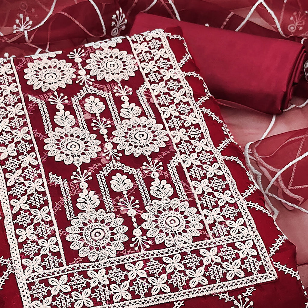 Maroon Sheer Organza Suit Material with Floral Embroidery Detailing