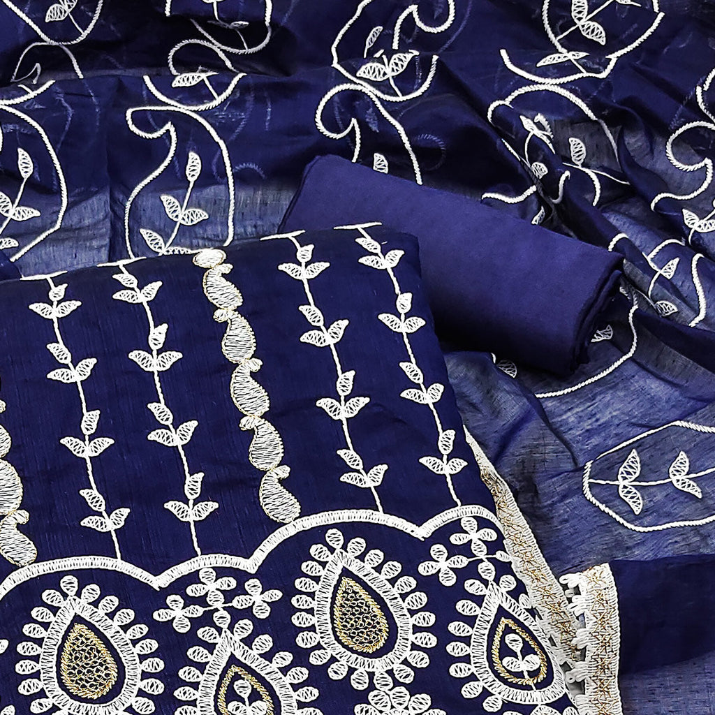 Blue Floral Embroidered Chanderi Cotton Dress Material